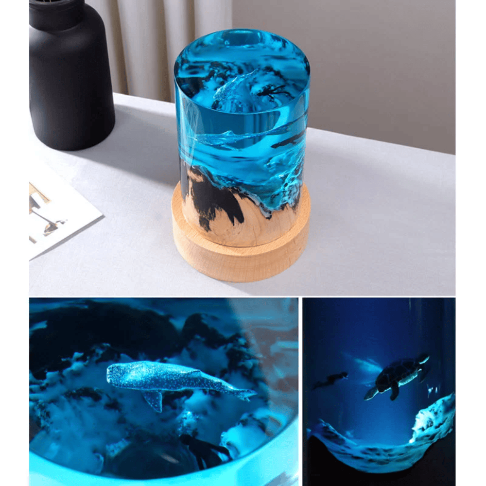 Cylindrical Wooden Epoxy Decor Lamp, Ocean Motifs