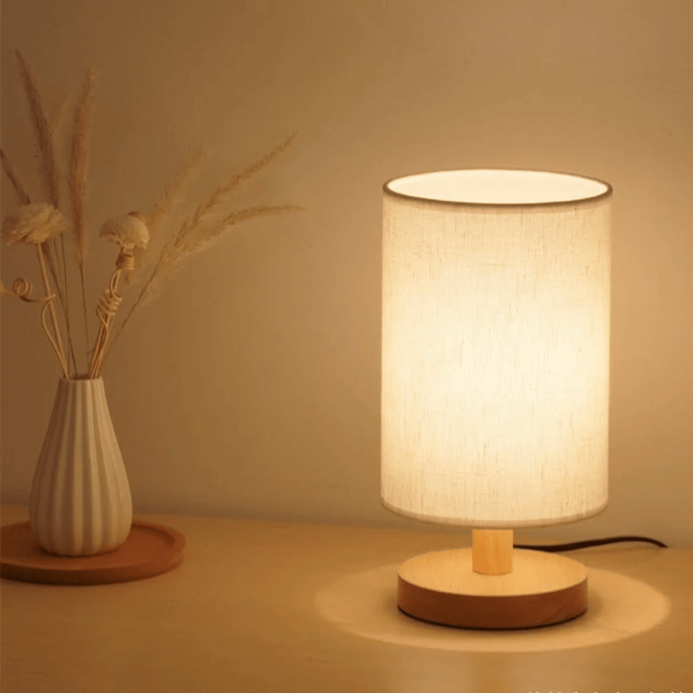 Wooden Bedside Decor Lamp with Cylindrical Fabric Shade