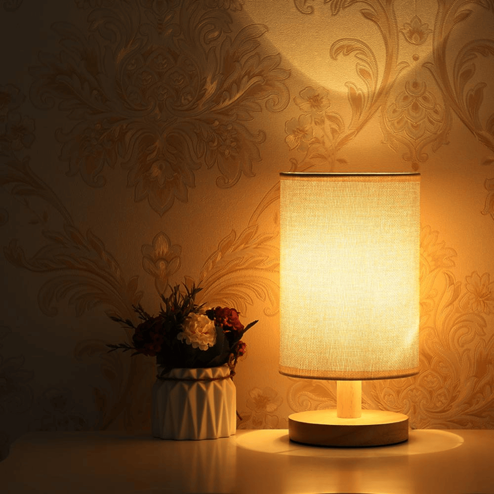 Wooden Bedside Decor Lamp with Cylindrical Fabric Shade