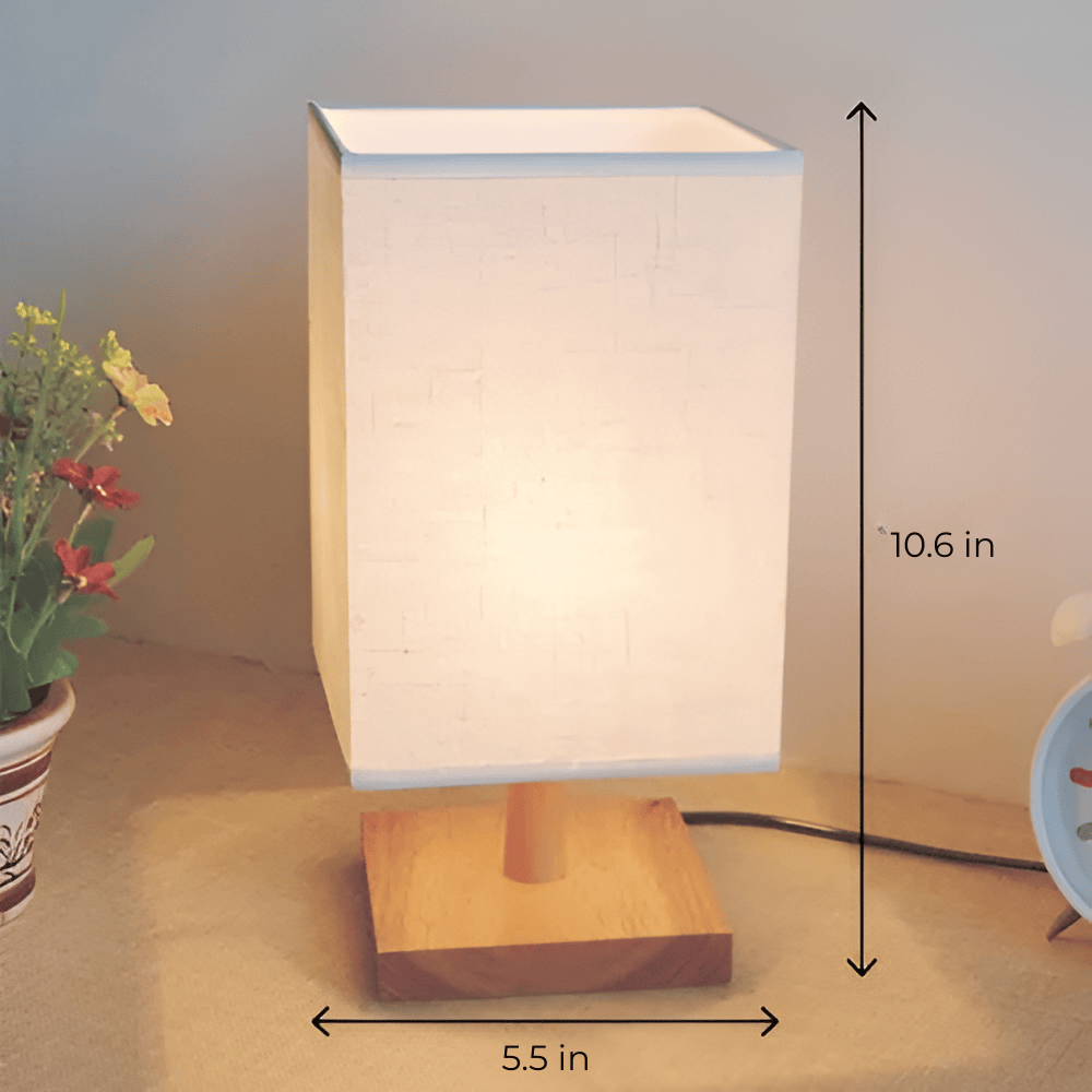 Wooden Bedside Decor Lamp, Square Fabric Shade