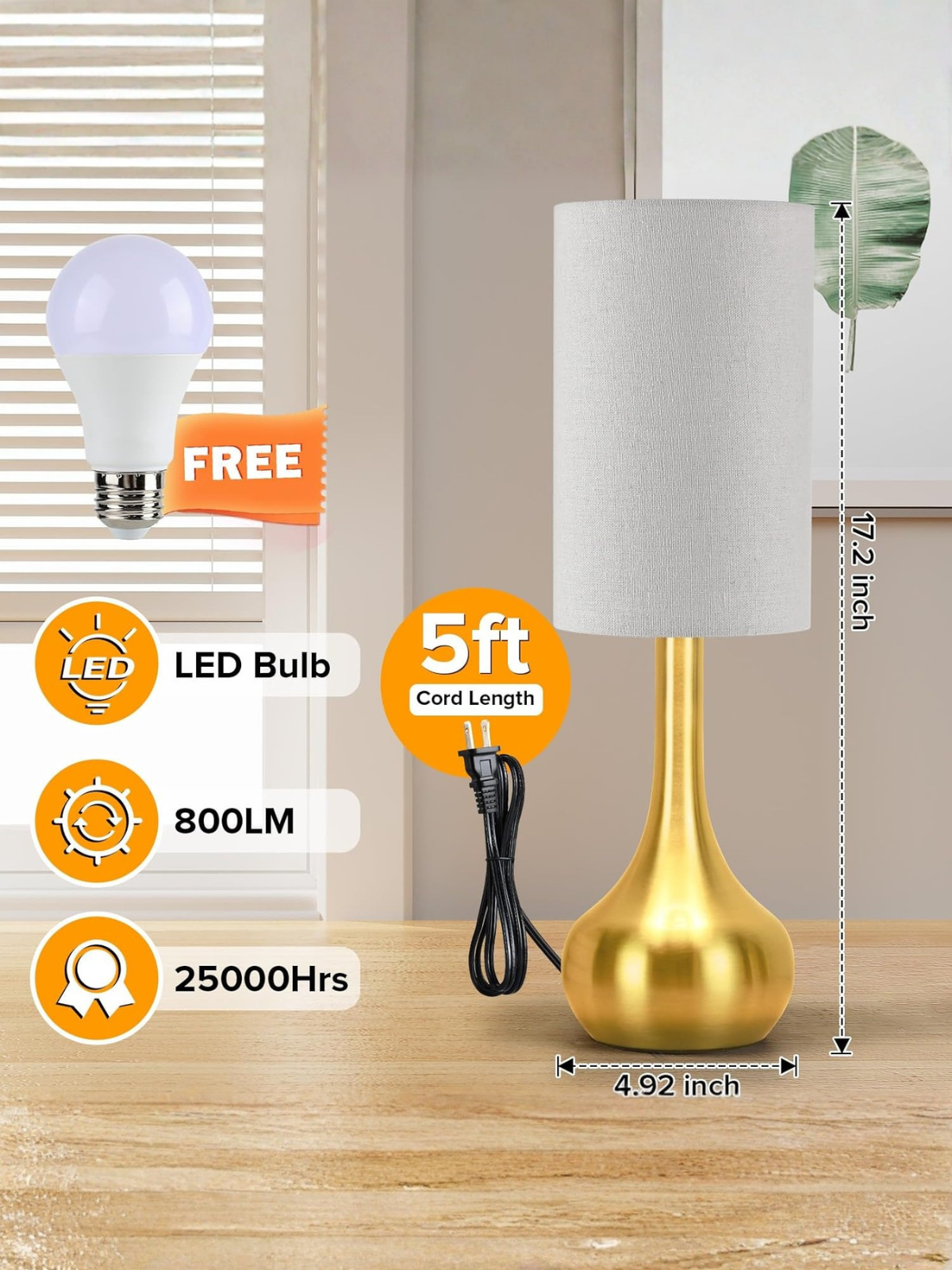Elegant Gold Touch Control Bedside Lamp With LED Bulb