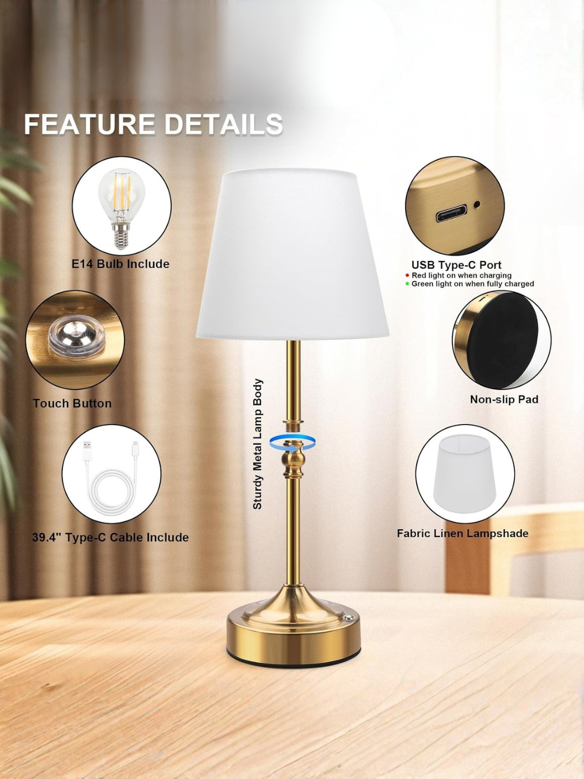 Vintage Brass Cordless Table Lamp with 5000mAh Battery