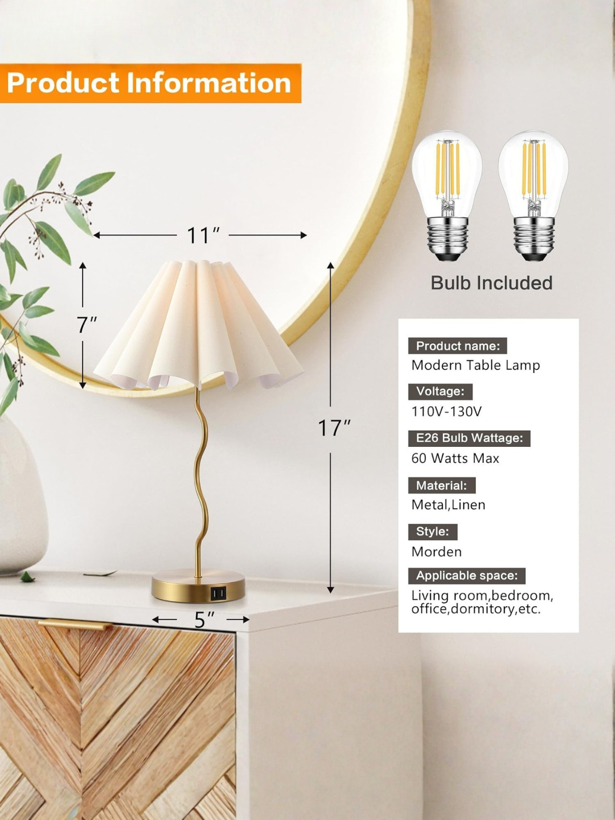 Elegant Pleated Linen Decor Lamp with Brushed Metal Base