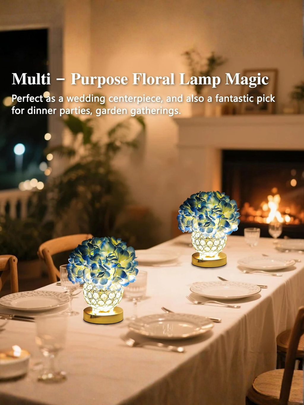 Artificial Blue Hydrangea Flower Lamp with Gold Crystal Vase