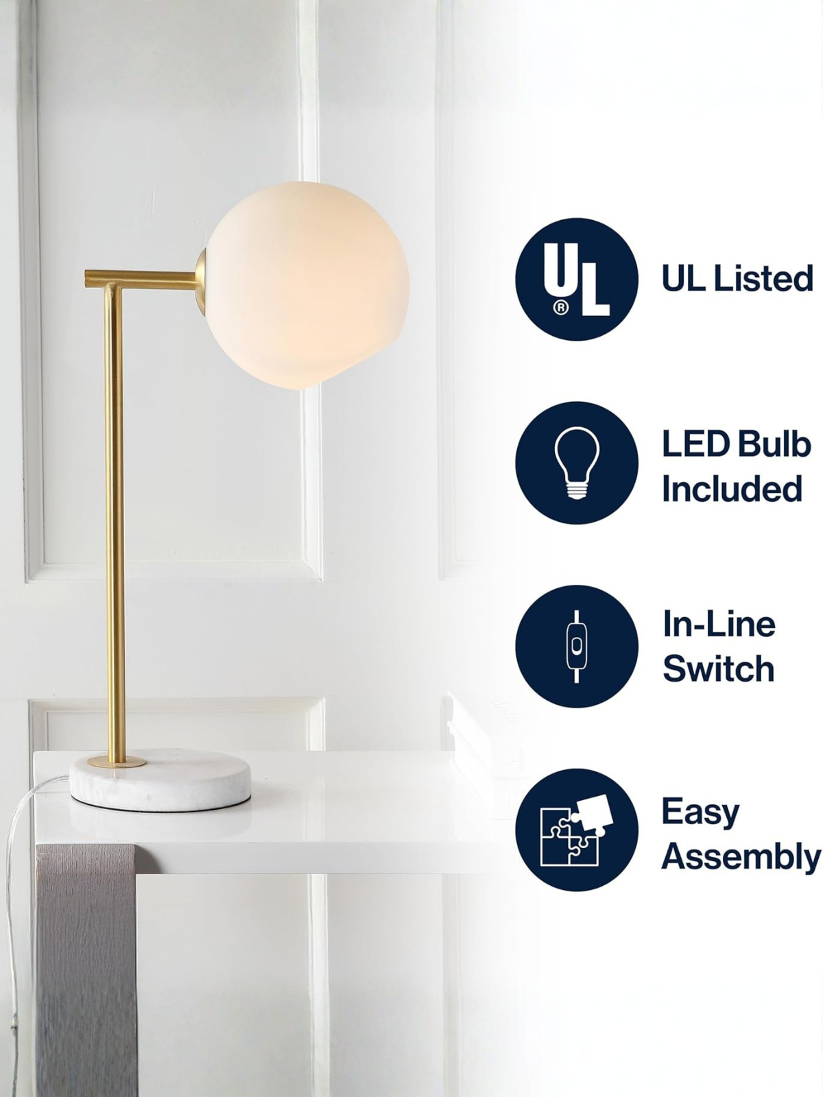 Modern Brass Globe Table Lamp with Genuine Marble Base