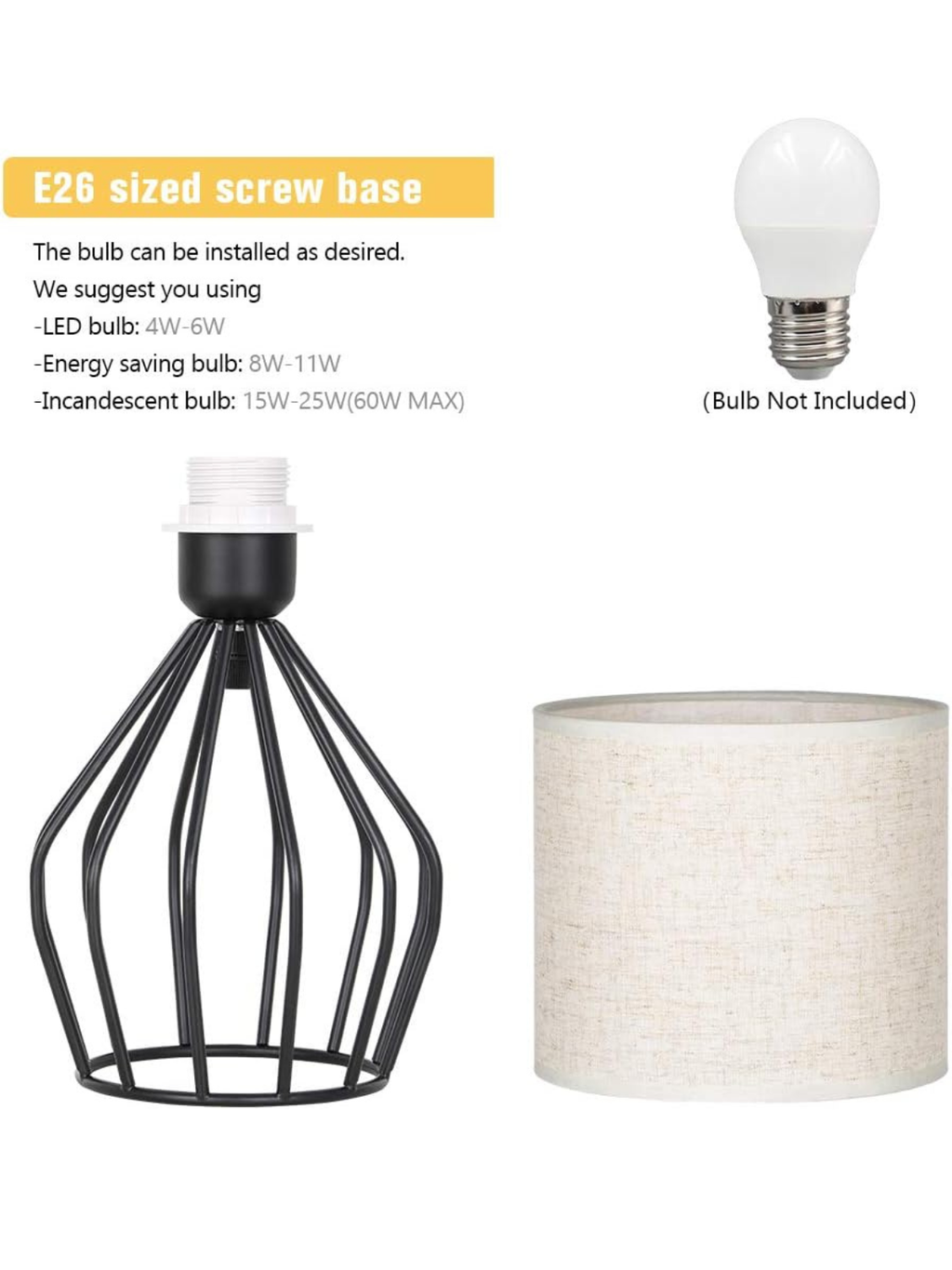 Modern Black Metal Cage Table Lamp with Fabric Shade