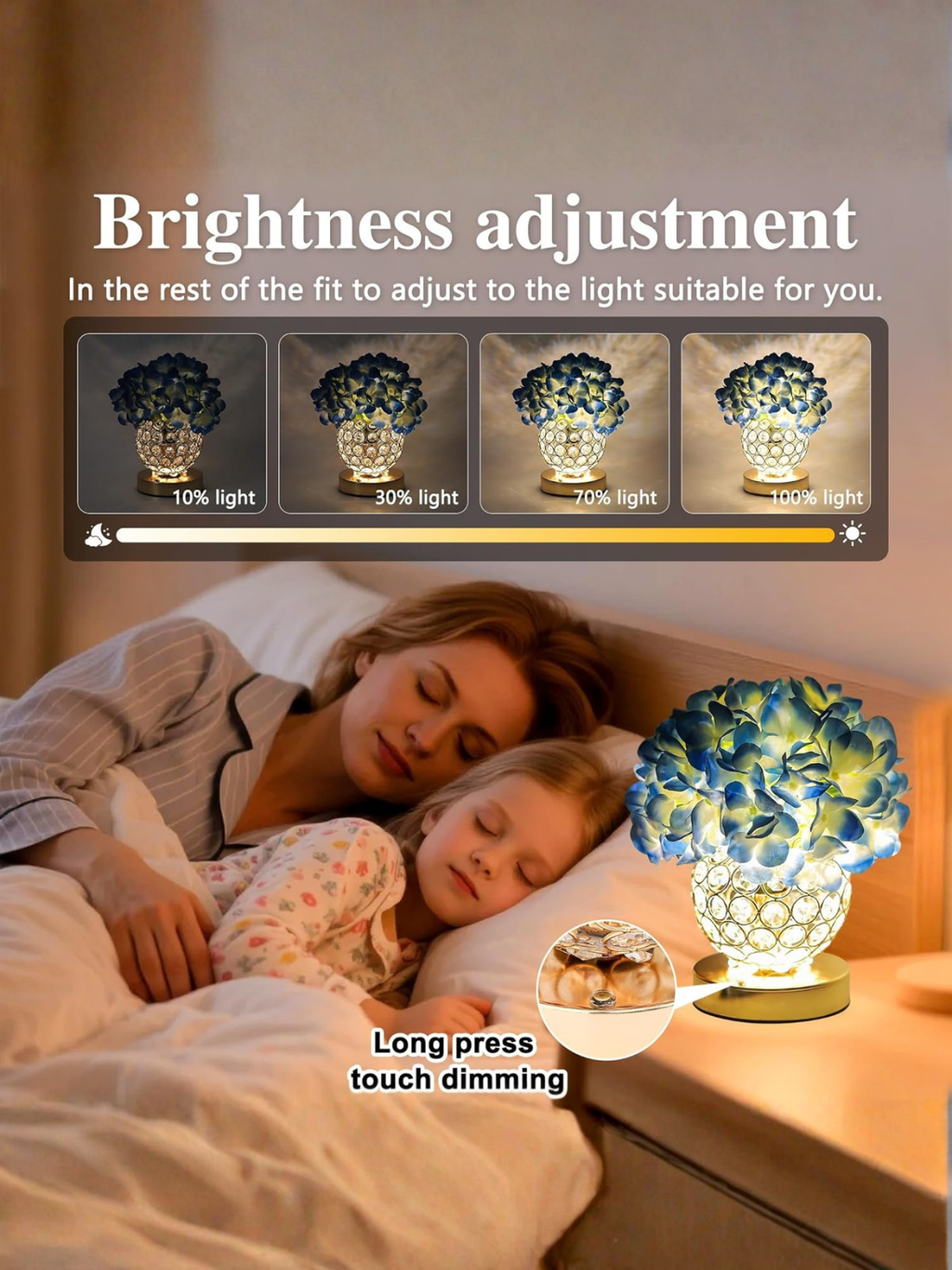 Artificial Blue Hydrangea Flower Lamp with Gold Crystal Vase