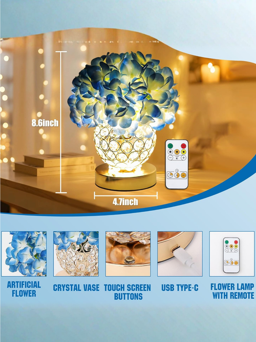 Artificial Blue Hydrangea Flower Lamp with Gold Crystal Vase