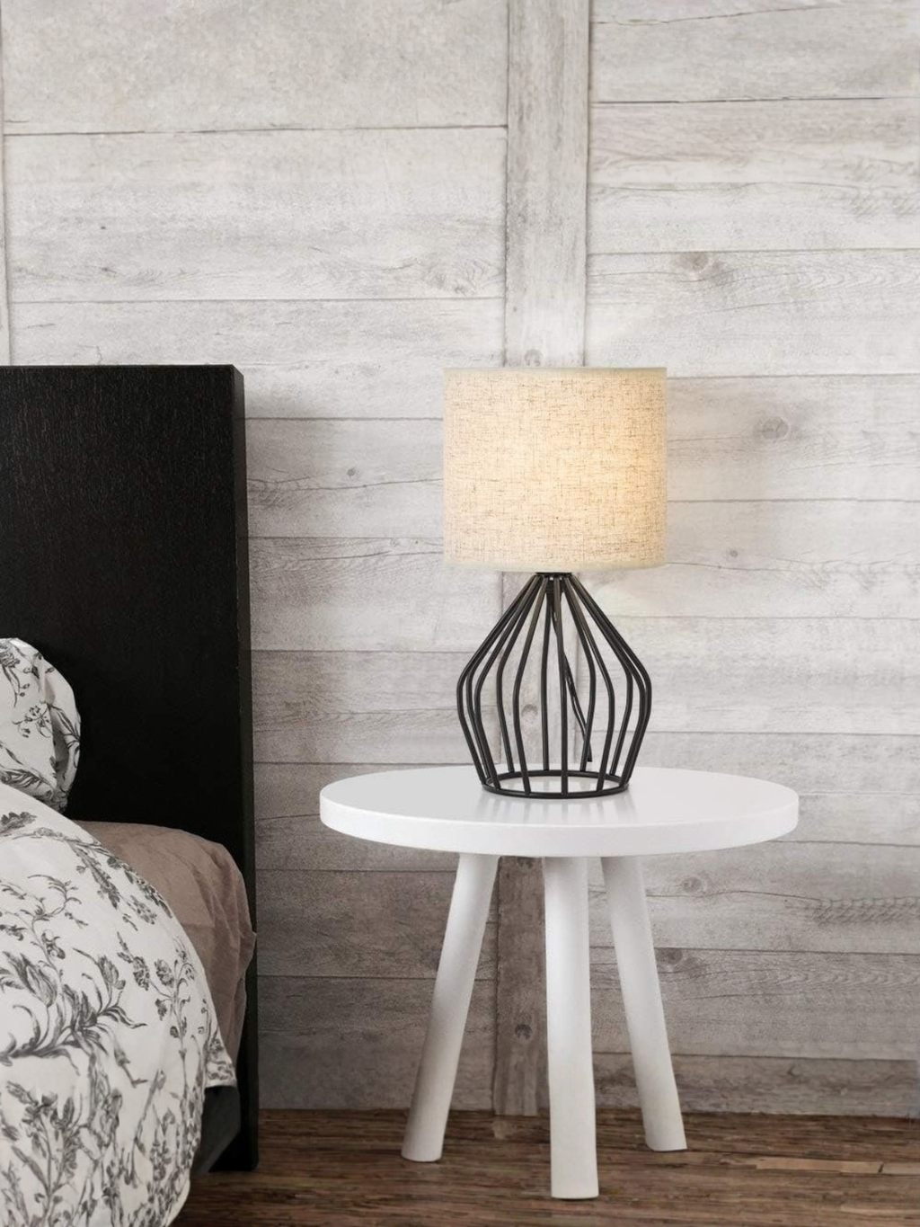 Modern Black Metal Cage Table Lamp with Fabric Shade