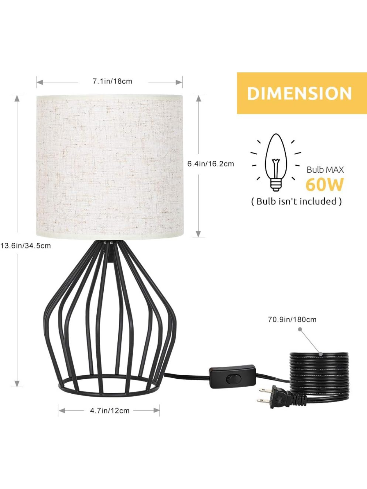 Modern Black Metal Cage Table Lamp with Fabric Shade