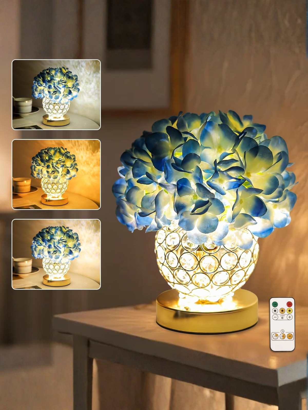 Artificial Blue Hydrangea Flower Lamp with Gold Crystal Vase