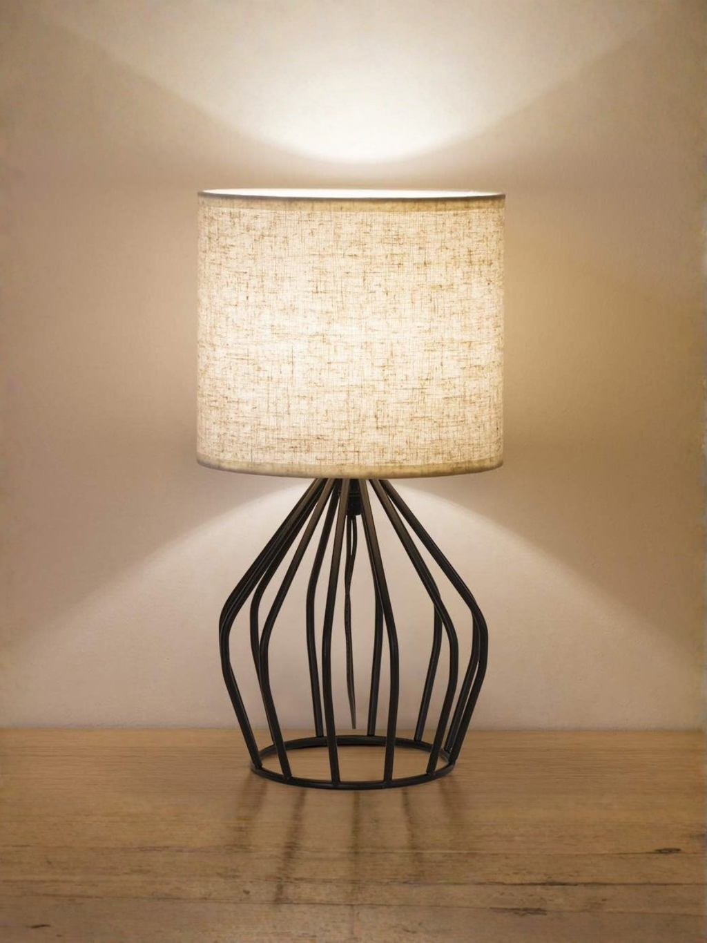 Modern Black Metal Cage Table Lamp with Fabric Shade