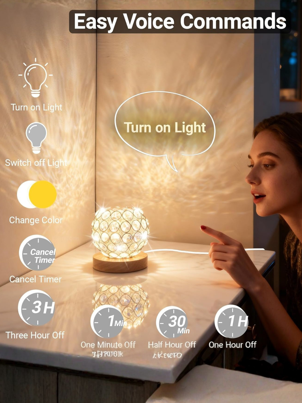 Smart Voice Controlled Crystal Sphere Decor Lamp Wood Base
