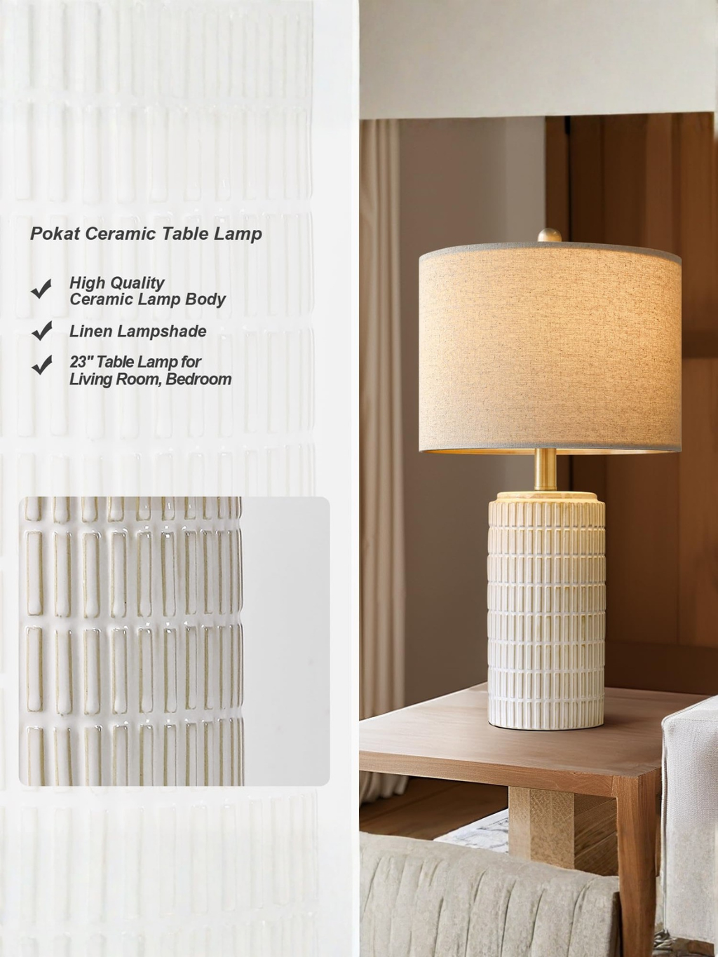 Modern White Ceramic Table Lamp for Bedroom and Living Room