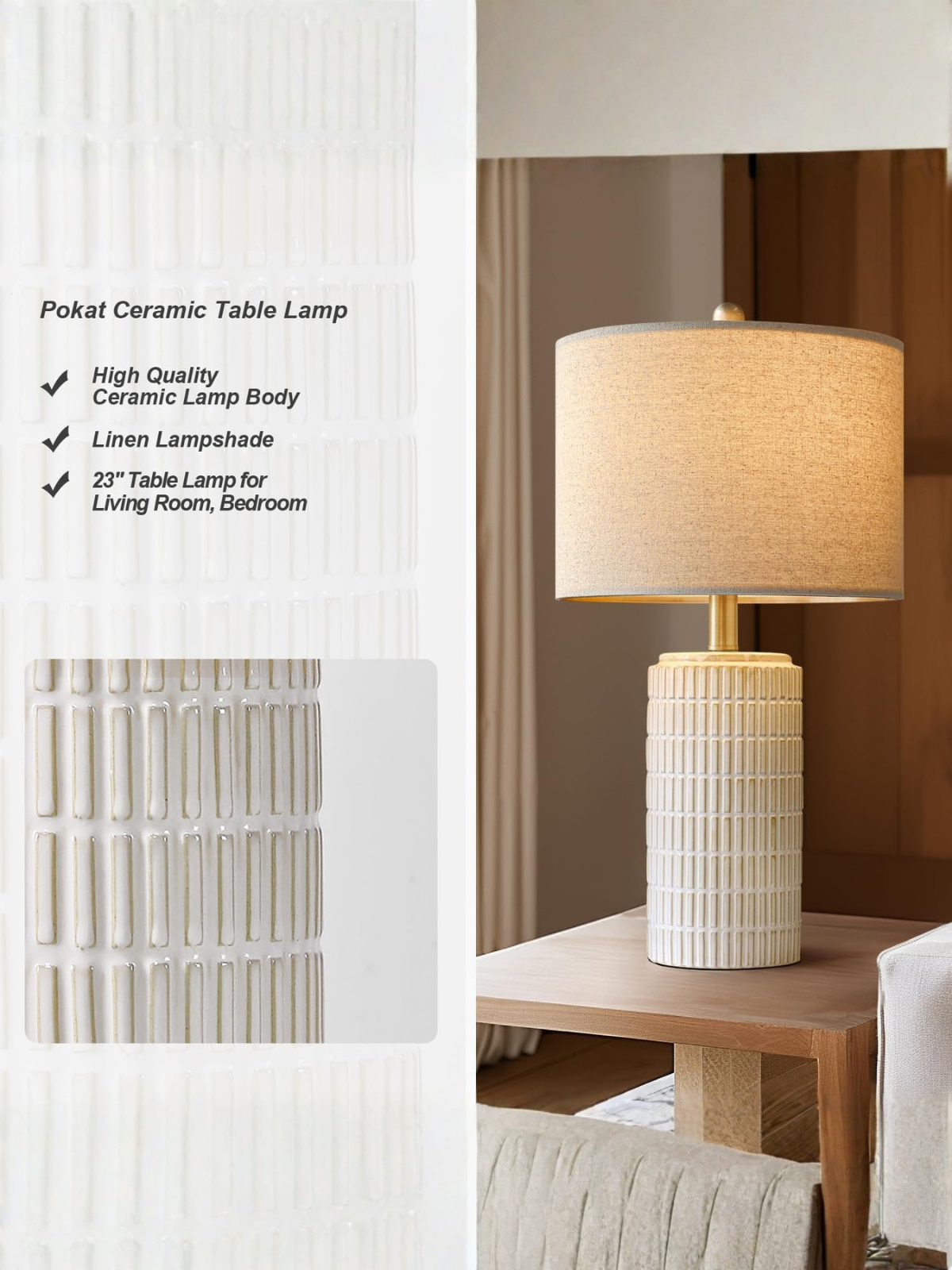 Modern White Ceramic Table Lamp for Bedroom and Living Room