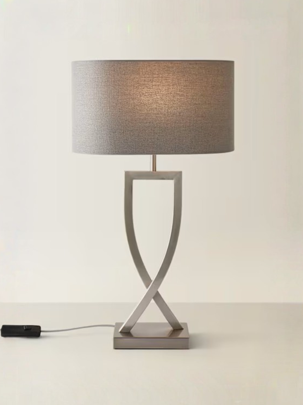 Brushed Chrome Hourglass Table Lamp With Grey Oval Shade