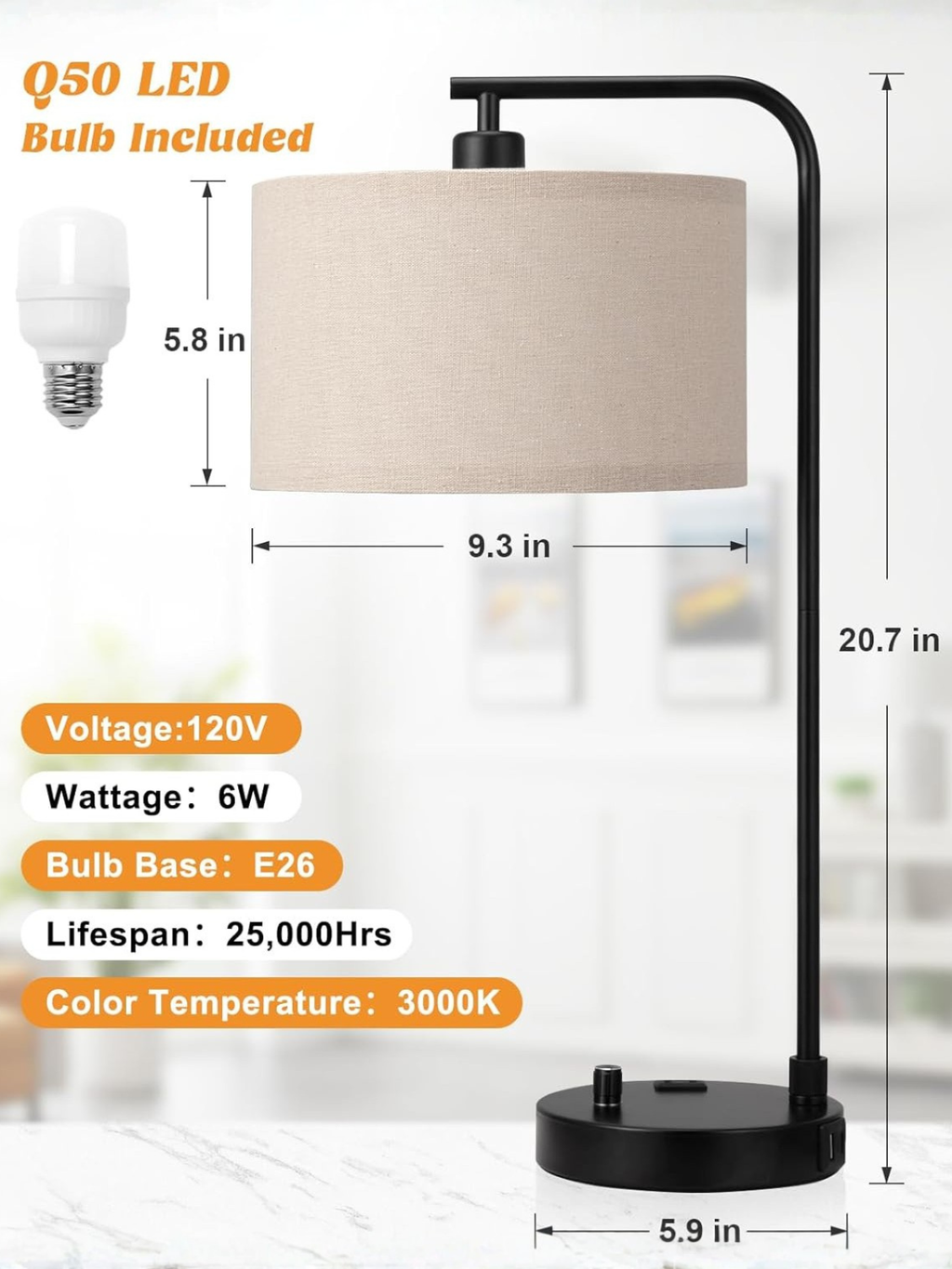 Modern Cantilever Bedside Lamp with USB Ports and Outlet