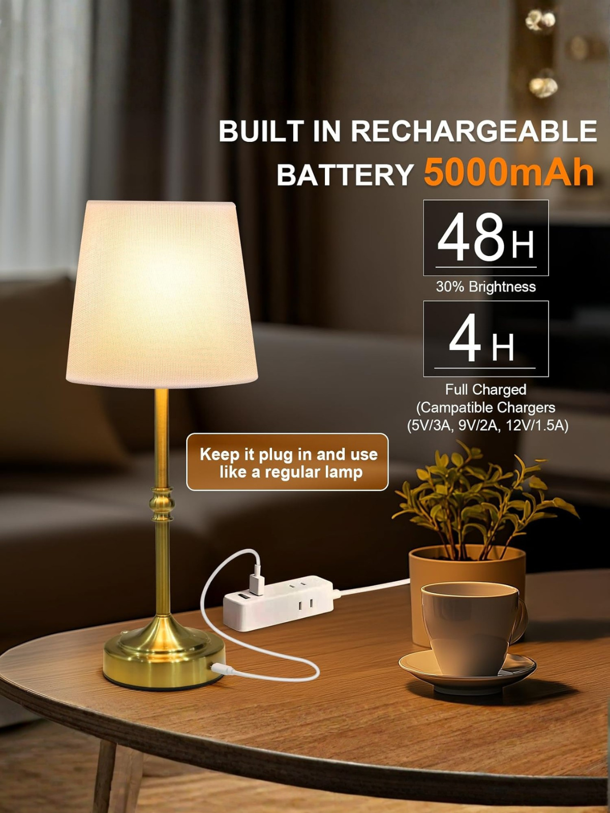 Vintage Brass Cordless Table Lamp with 5000mAh Battery