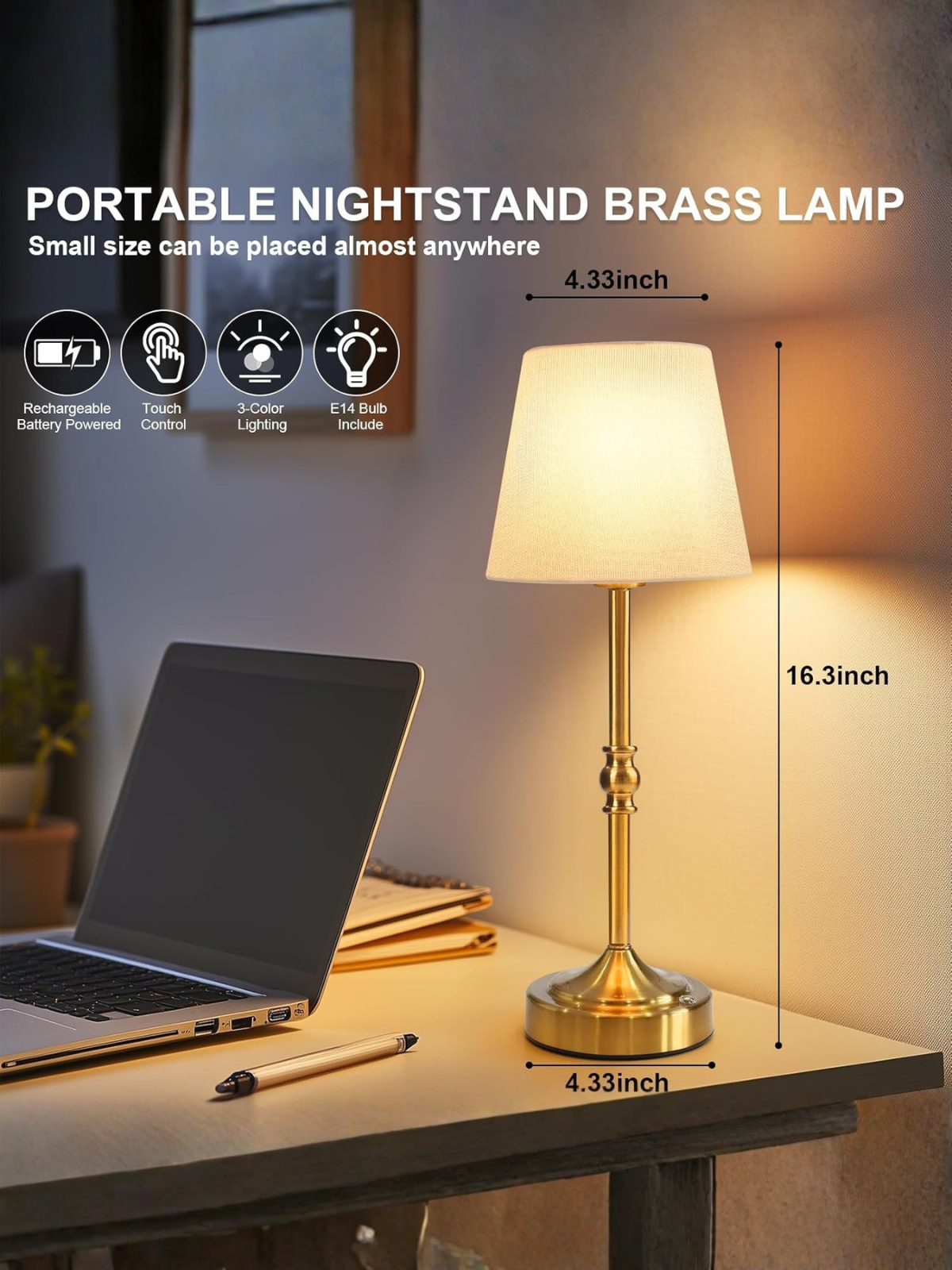 Vintage Brass Cordless Table Lamp with 5000mAh Battery