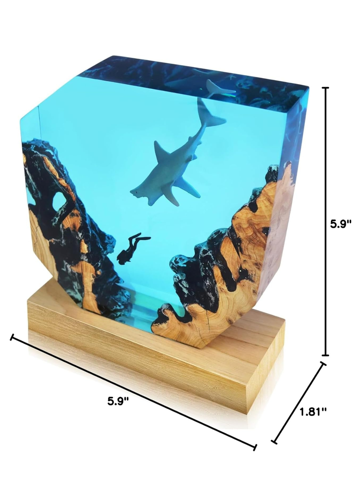 Handmade Epoxy Resin Shark Lamp with Ocean Diver Scene