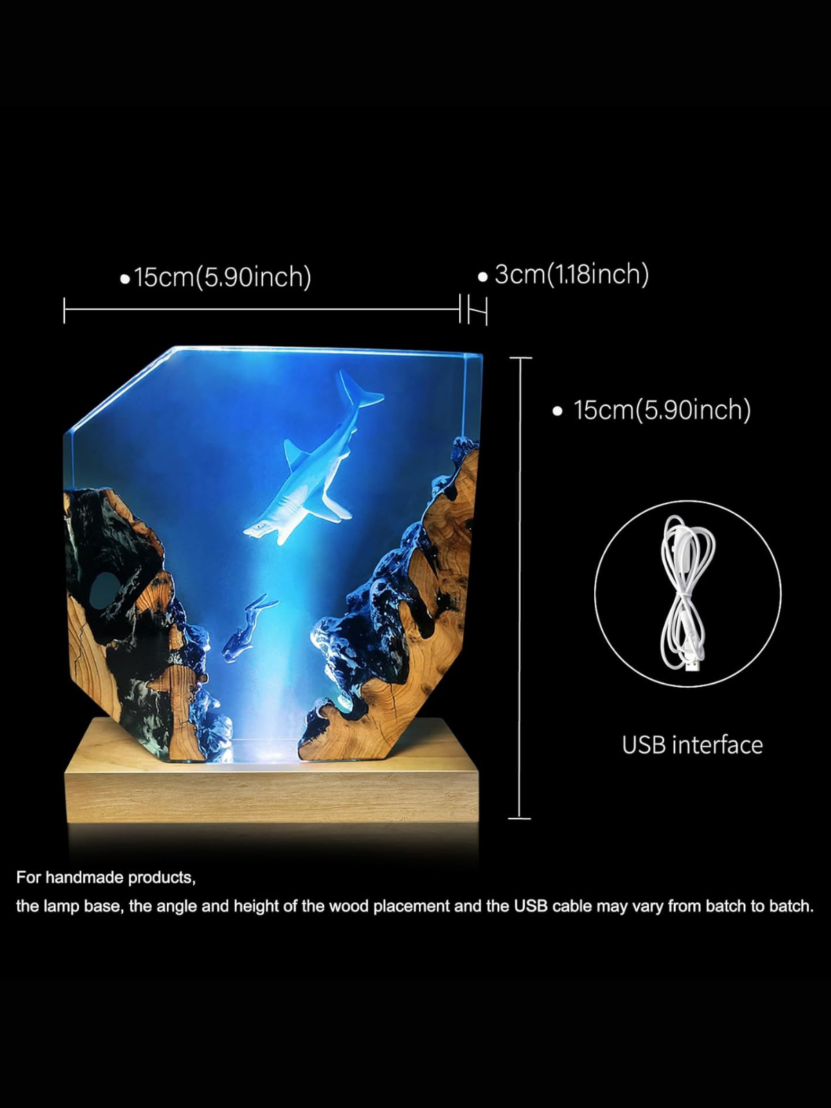 Handmade Epoxy Resin Shark Lamp with Ocean Diver Scene