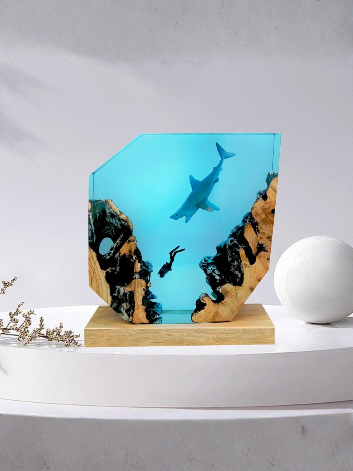 Handmade Epoxy Resin Shark Lamp with Ocean Diver Scene