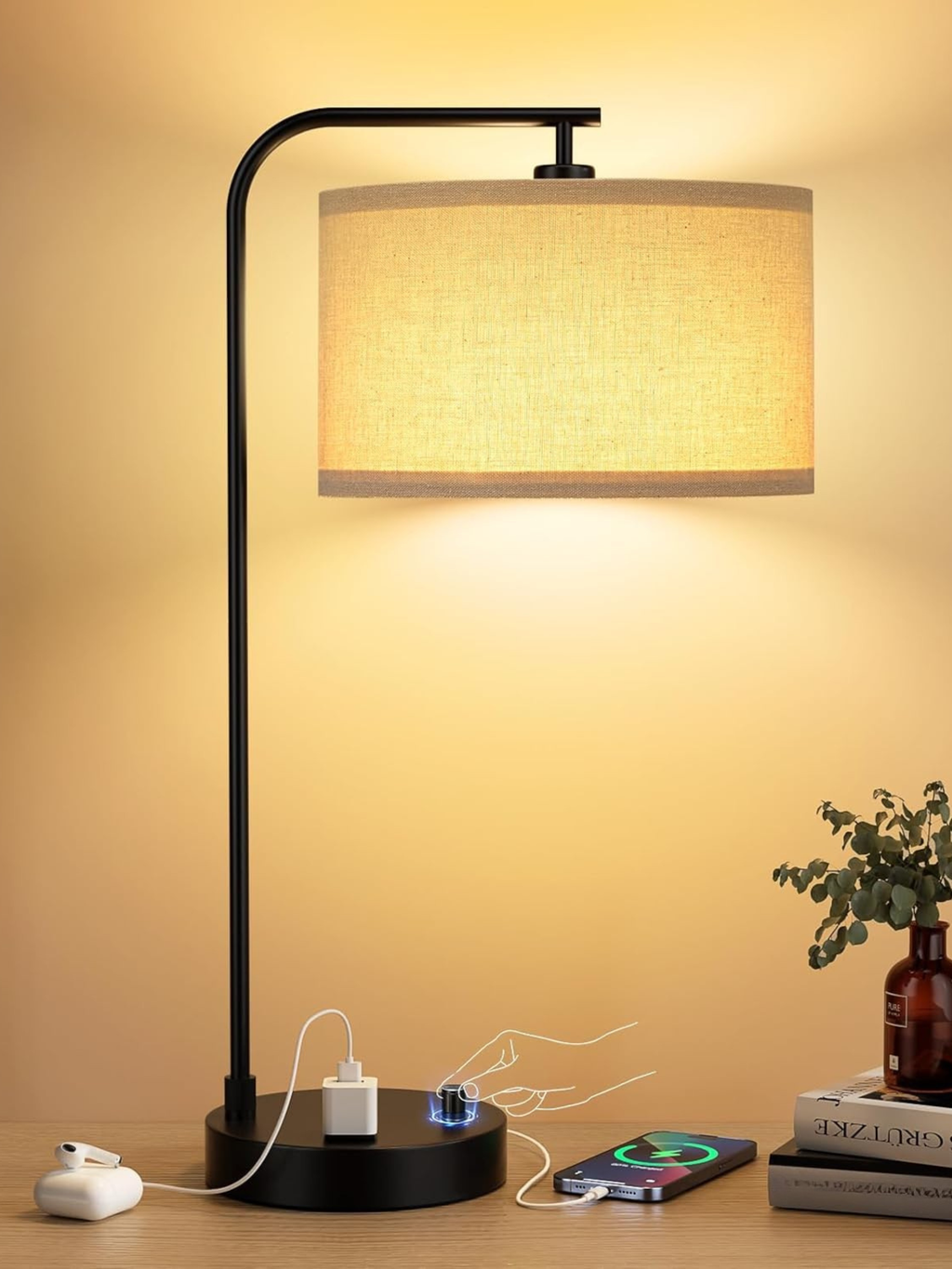 Modern Cantilever Bedside Lamp with USB Ports and Outlet