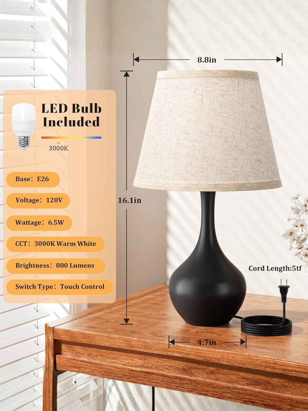 Modern 3-Way Dimmable Touch Lamp with Linen Shade