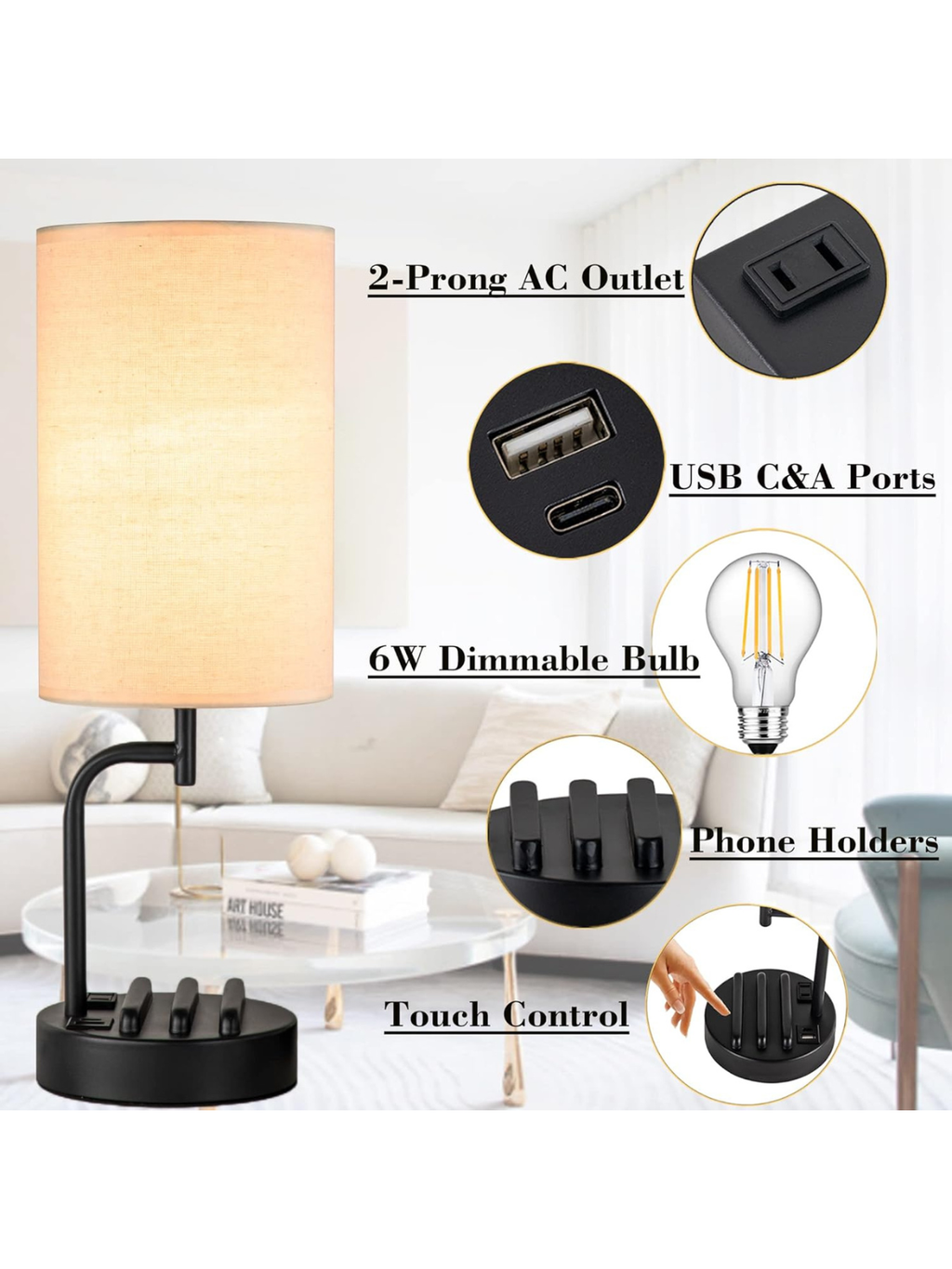 Modern Minimalist Touch Bedside Lamp with Integrated Phone Stands
