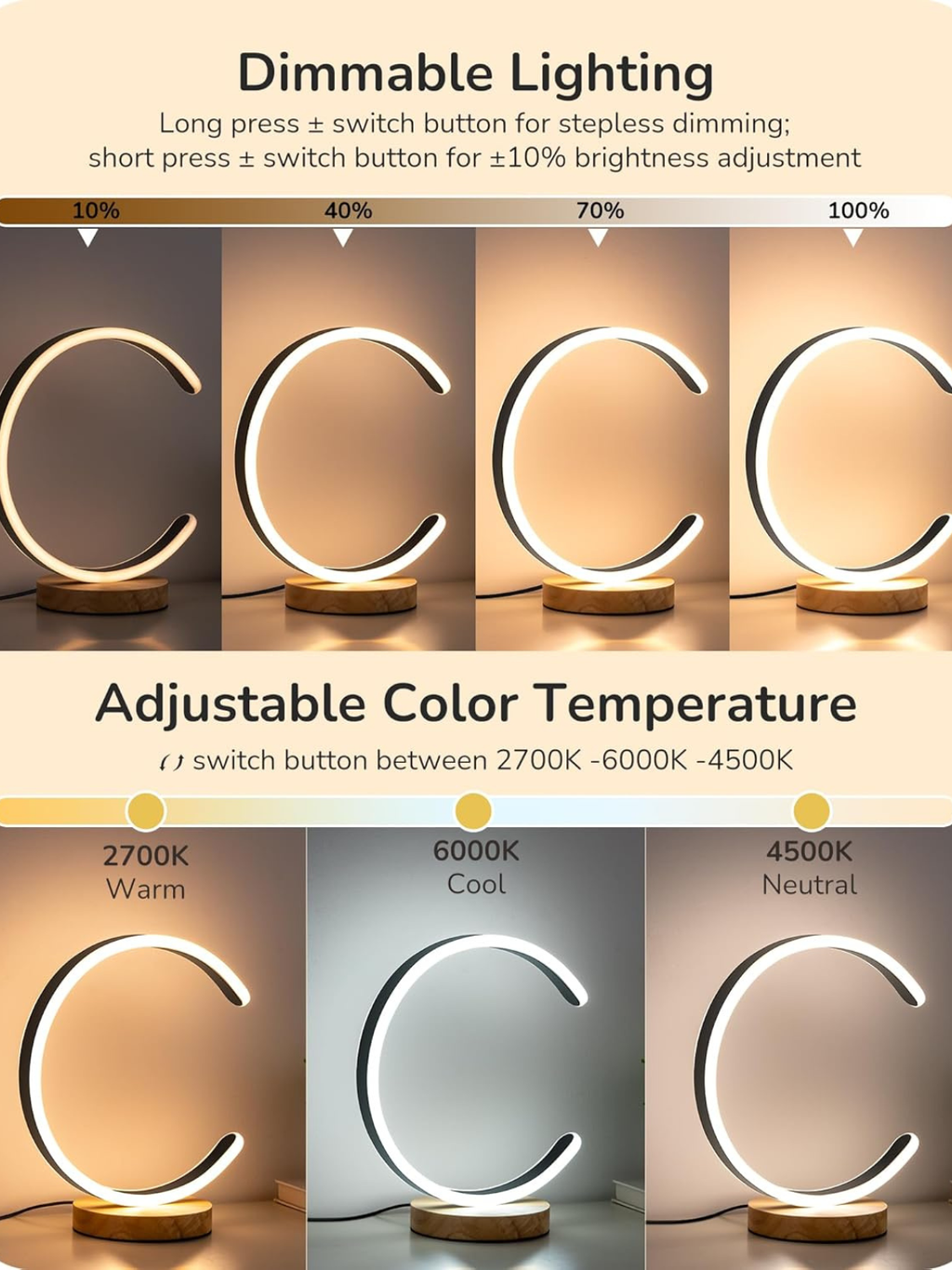 Modern C-Shaped LED Table Lamp with Solid Wood Base