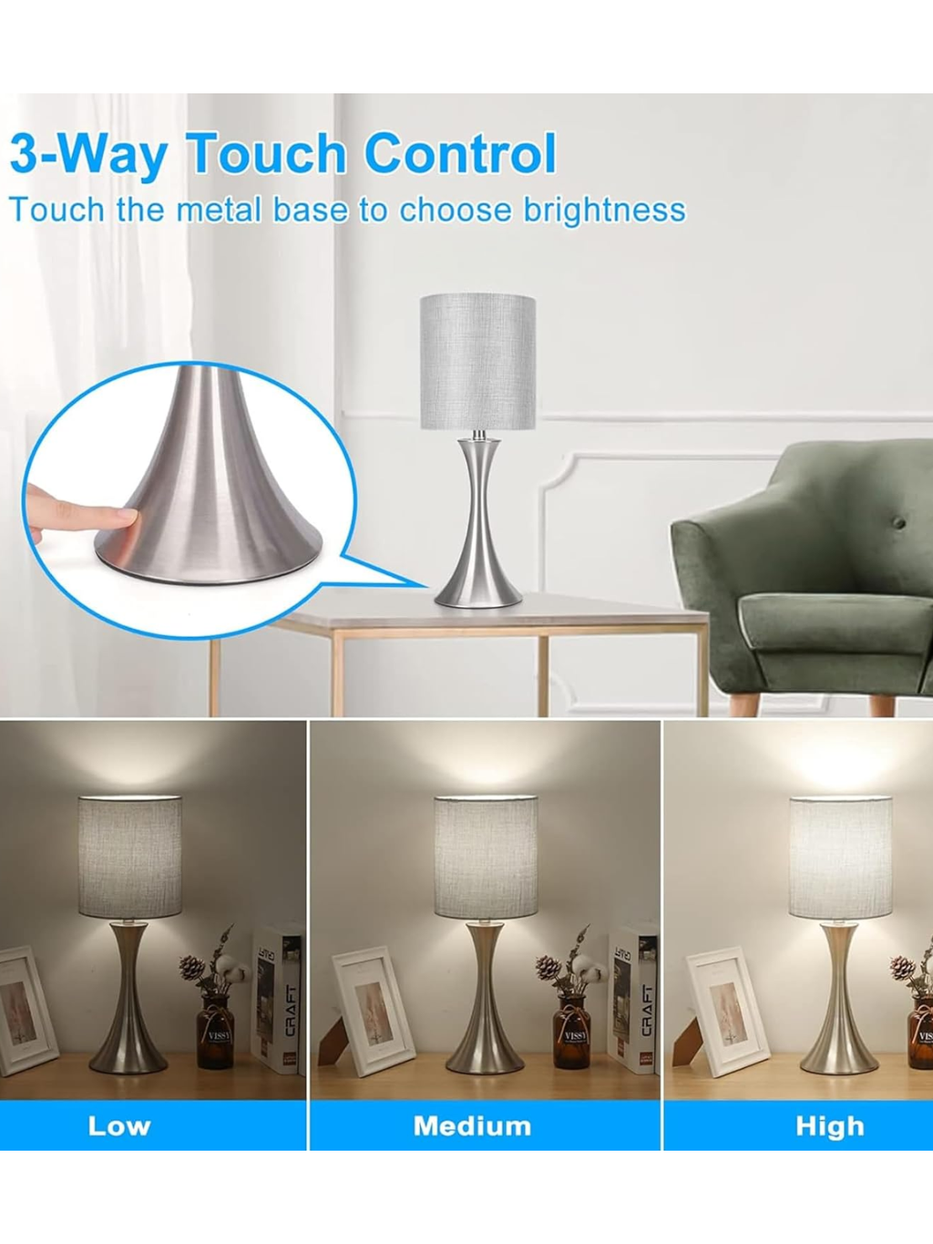 Modern 3-Way Touch Table Lamp with Grey Fabric Shade