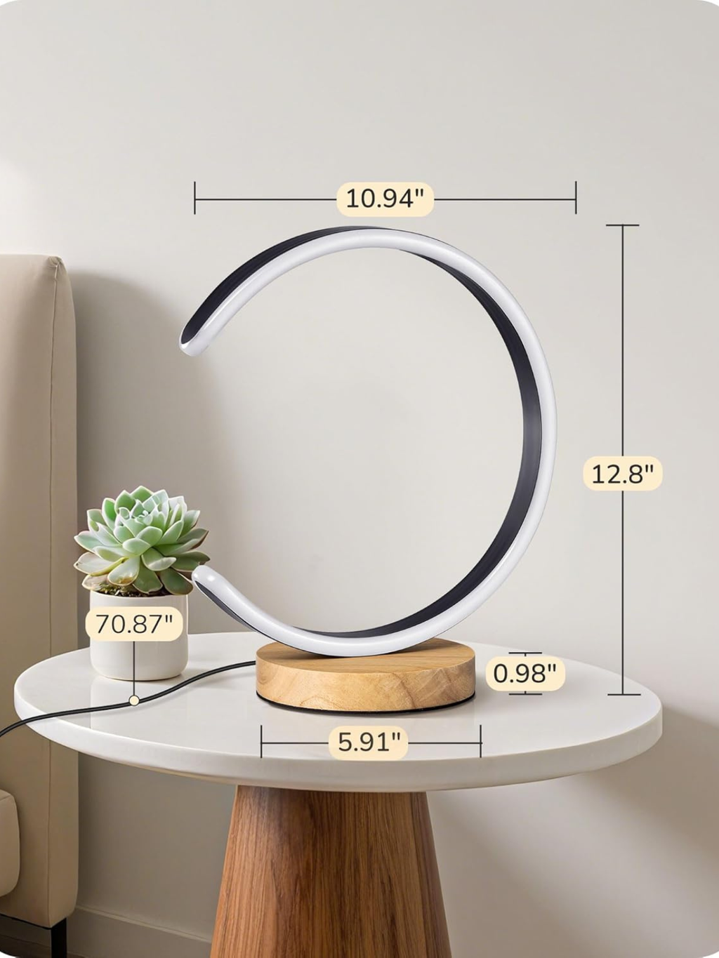 Modern C-Shaped LED Table Lamp with Solid Wood Base