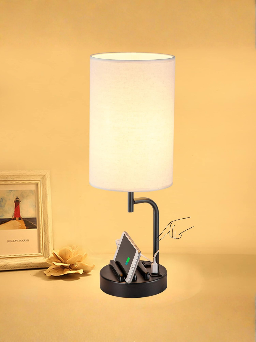 Modern Minimalist Touch Bedside Lamp with Integrated Phone Stands