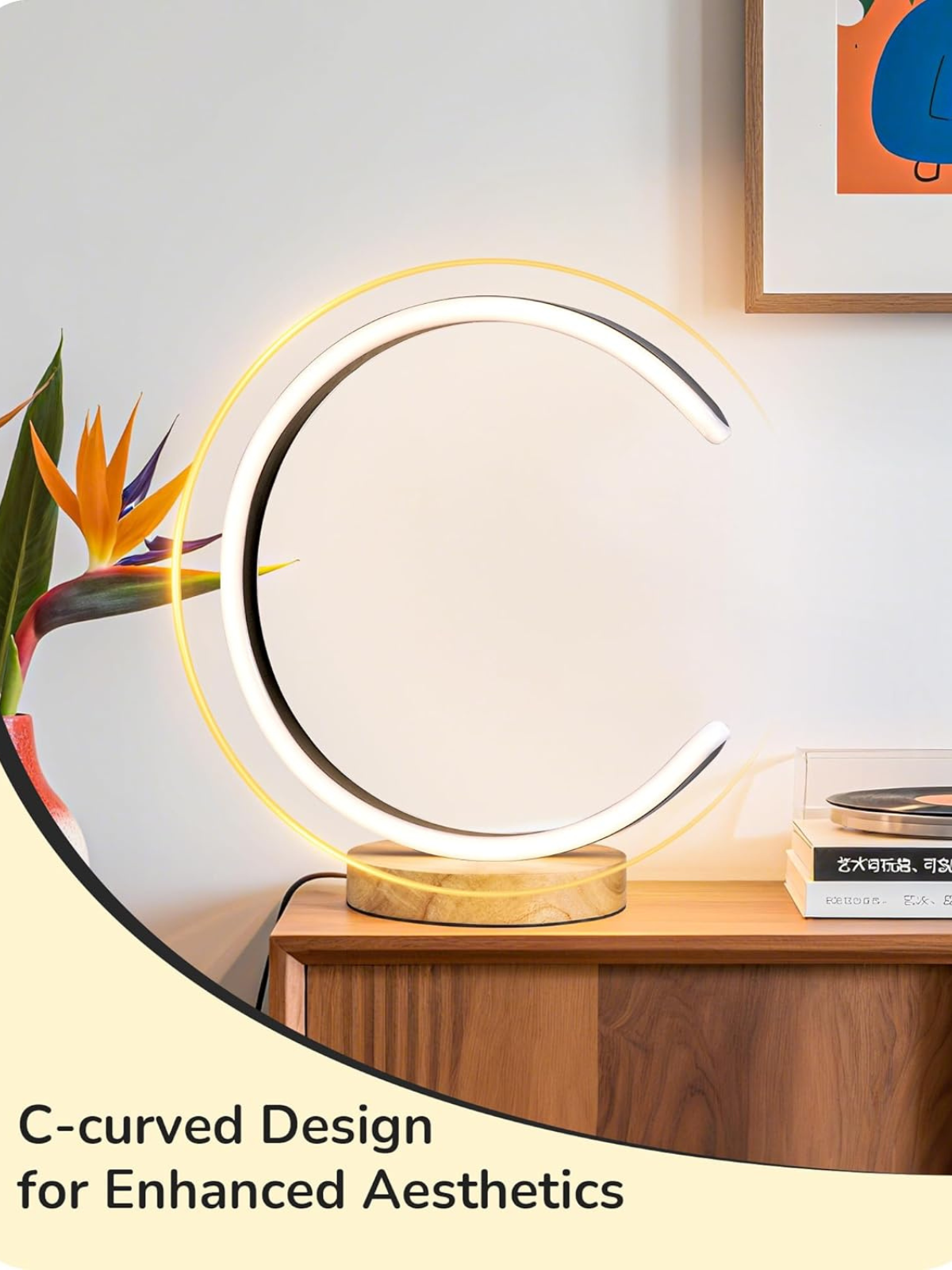 Modern C-Shaped LED Table Lamp with Solid Wood Base