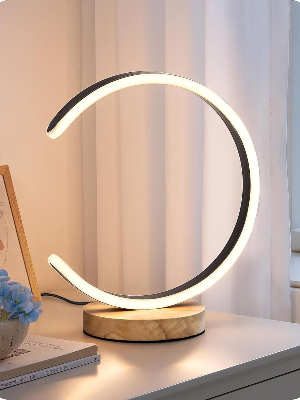 Modern C-Shaped LED Table Lamp with Solid Wood Base