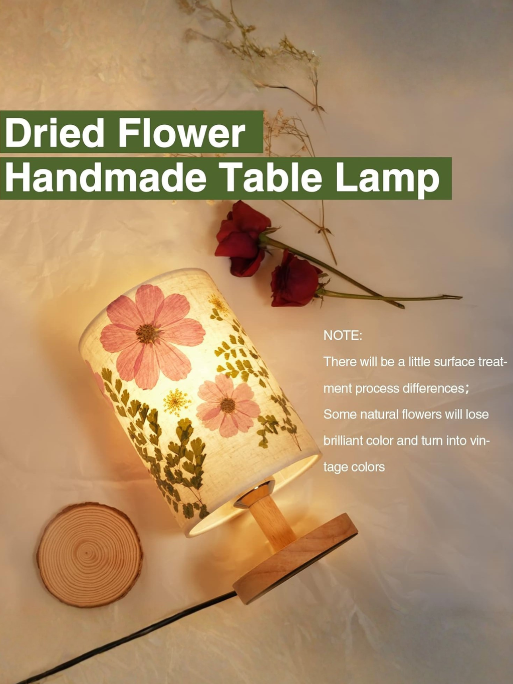 Handmade Pressed Dried Flower Bedside Lamp With Wooden Base