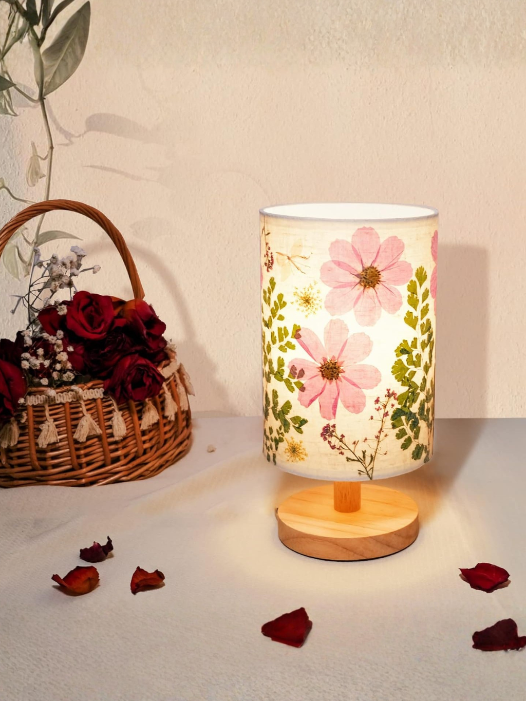 Handmade Pressed Dried Flower Bedside Lamp With Wooden Base