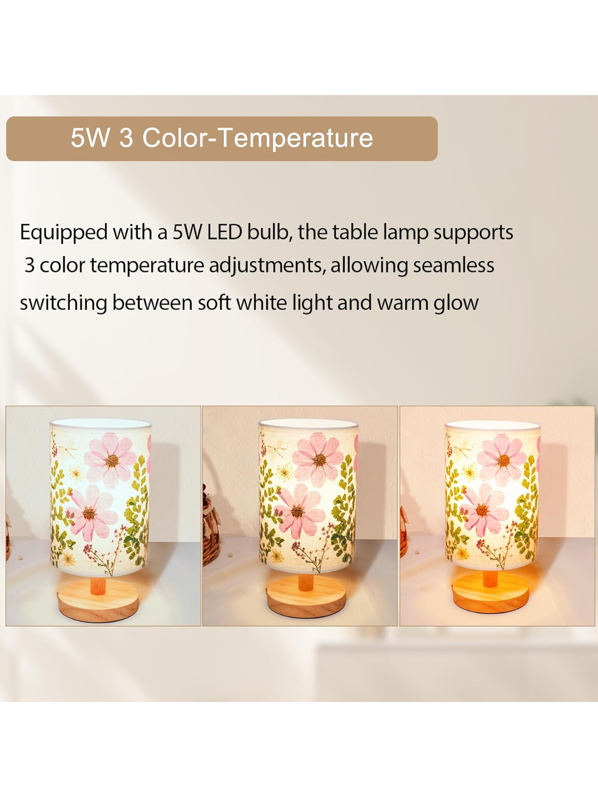 Handmade Pressed Dried Flower Bedside Lamp With Wooden Base
