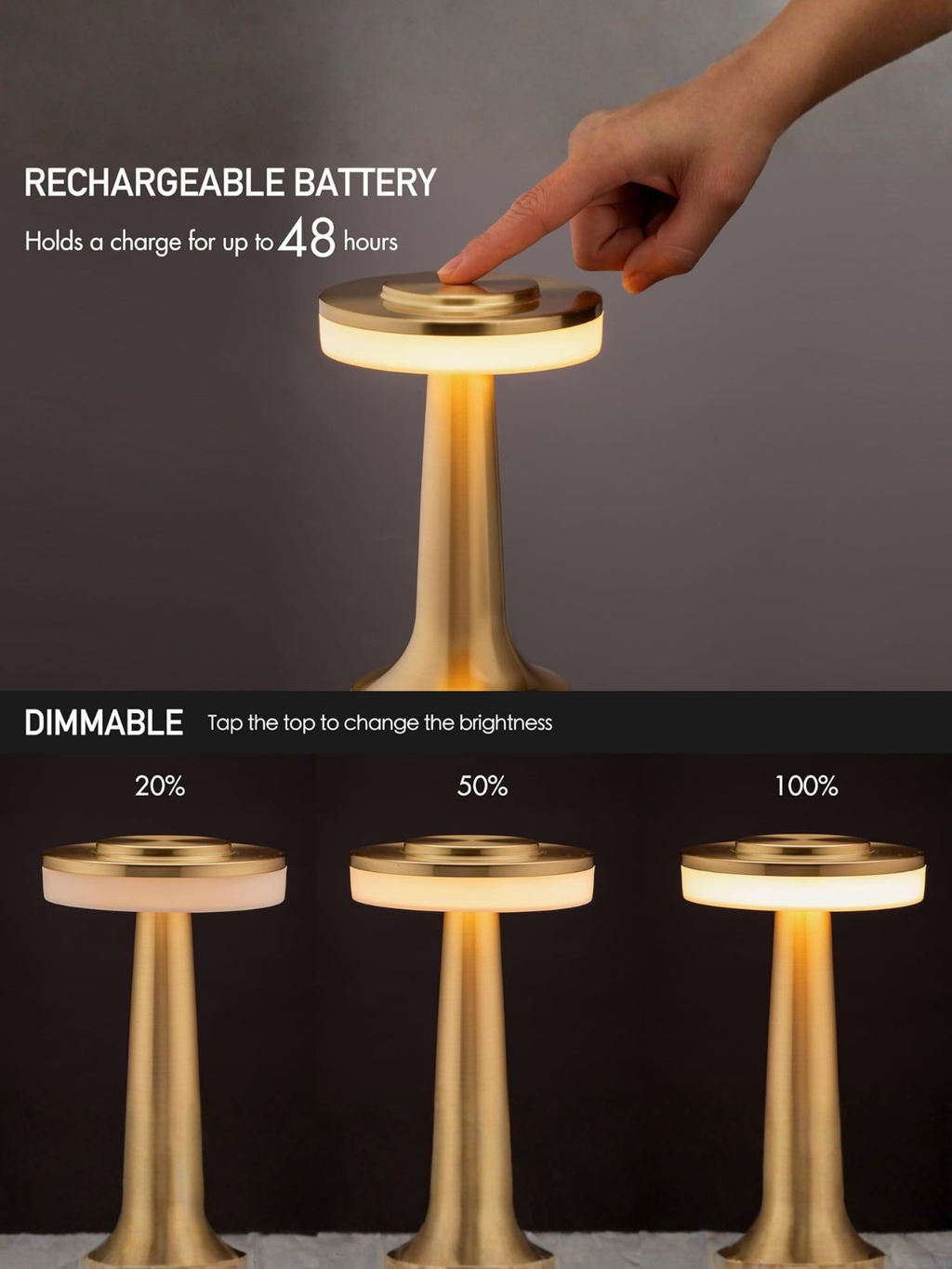 Portable Gold LED Table Lamp with 48-Hour Battery Life