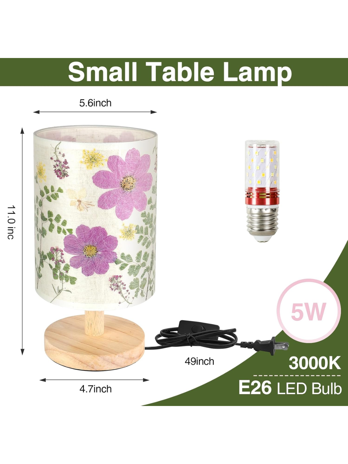 Handmade Pressed Dried Flower Bedside Lamp With Wooden Base