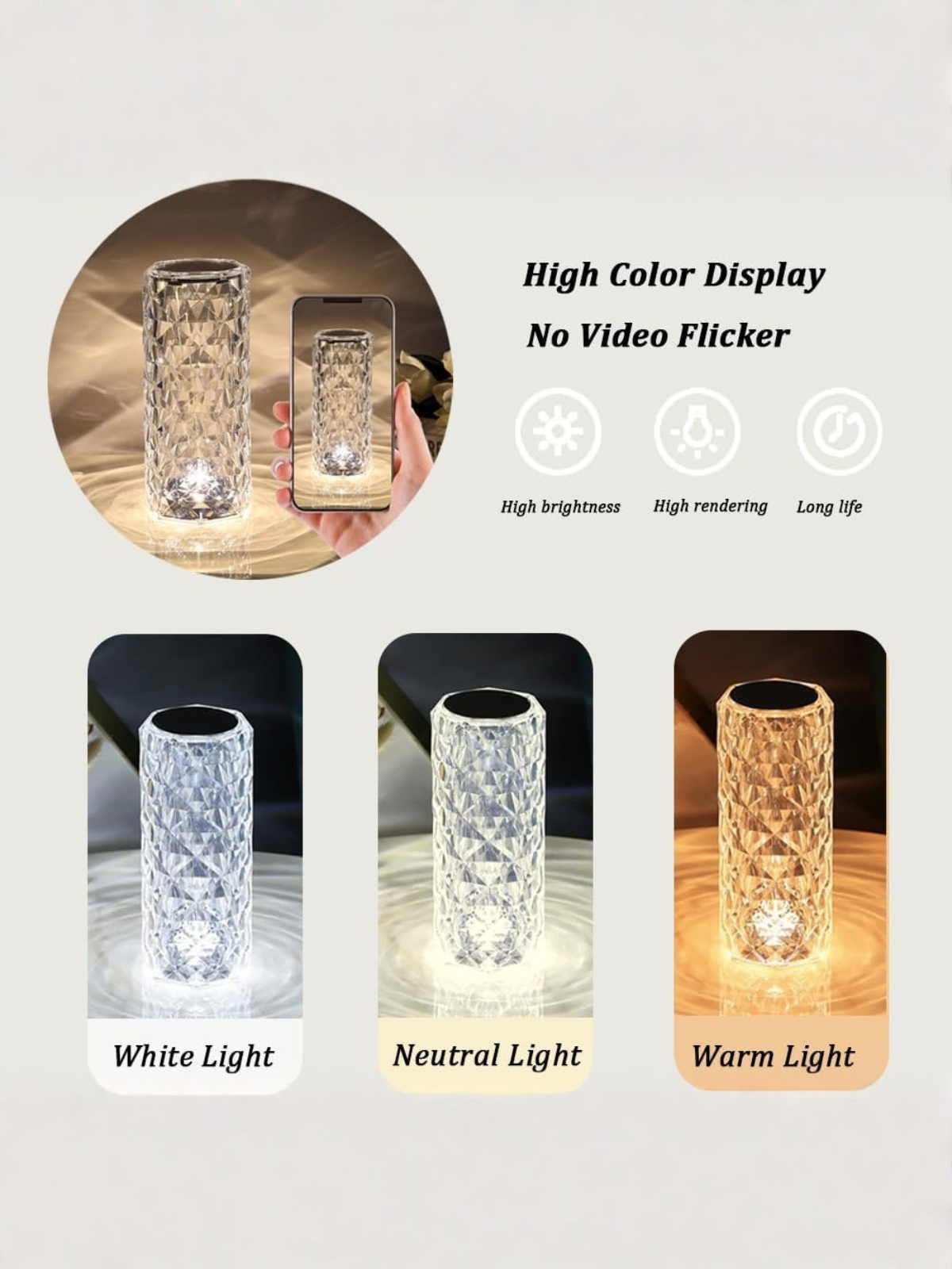 Portable Crystal Rose Table Lamp with 3 Color Modes