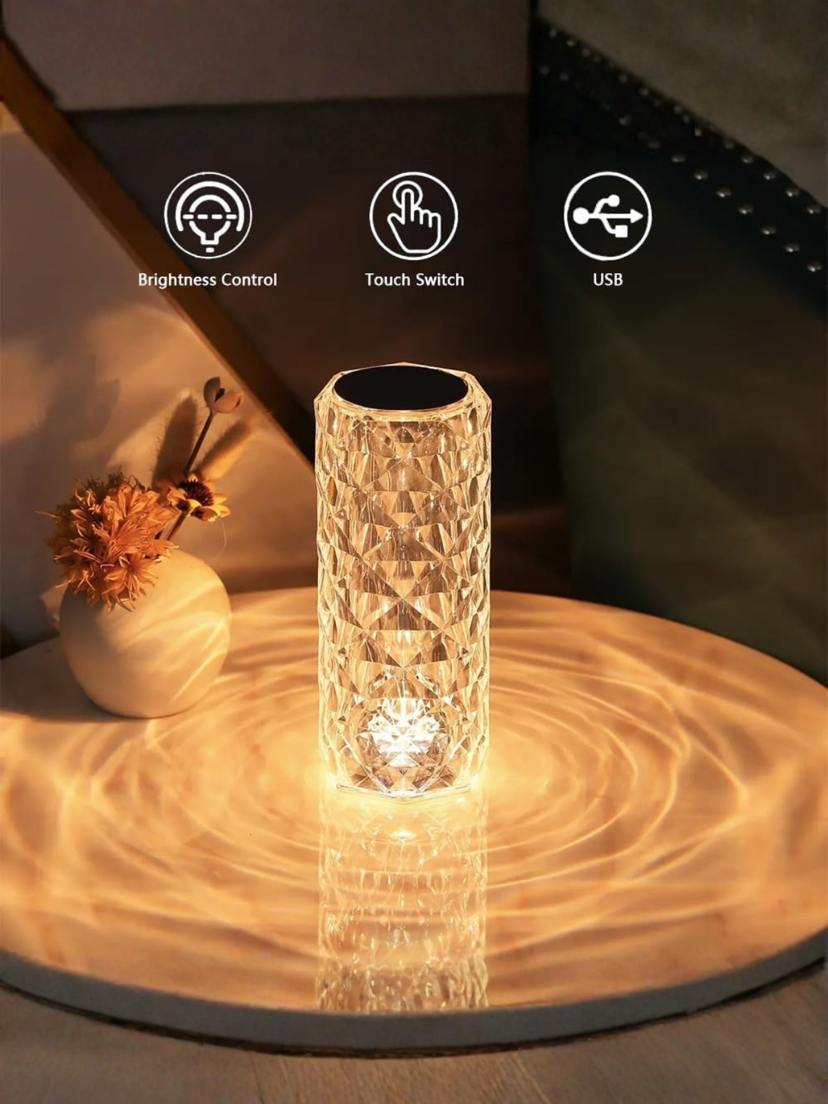 Portable Crystal Rose Table Lamp with 3 Color Modes