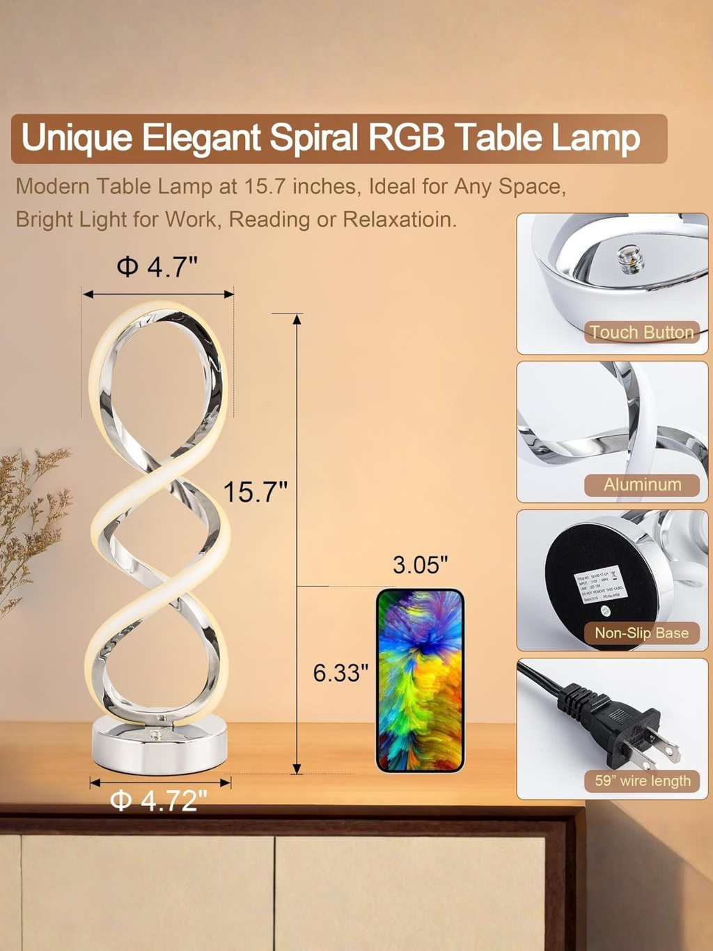 Hand Twisted Silver Spiral Decor Lamp With RGB Colors