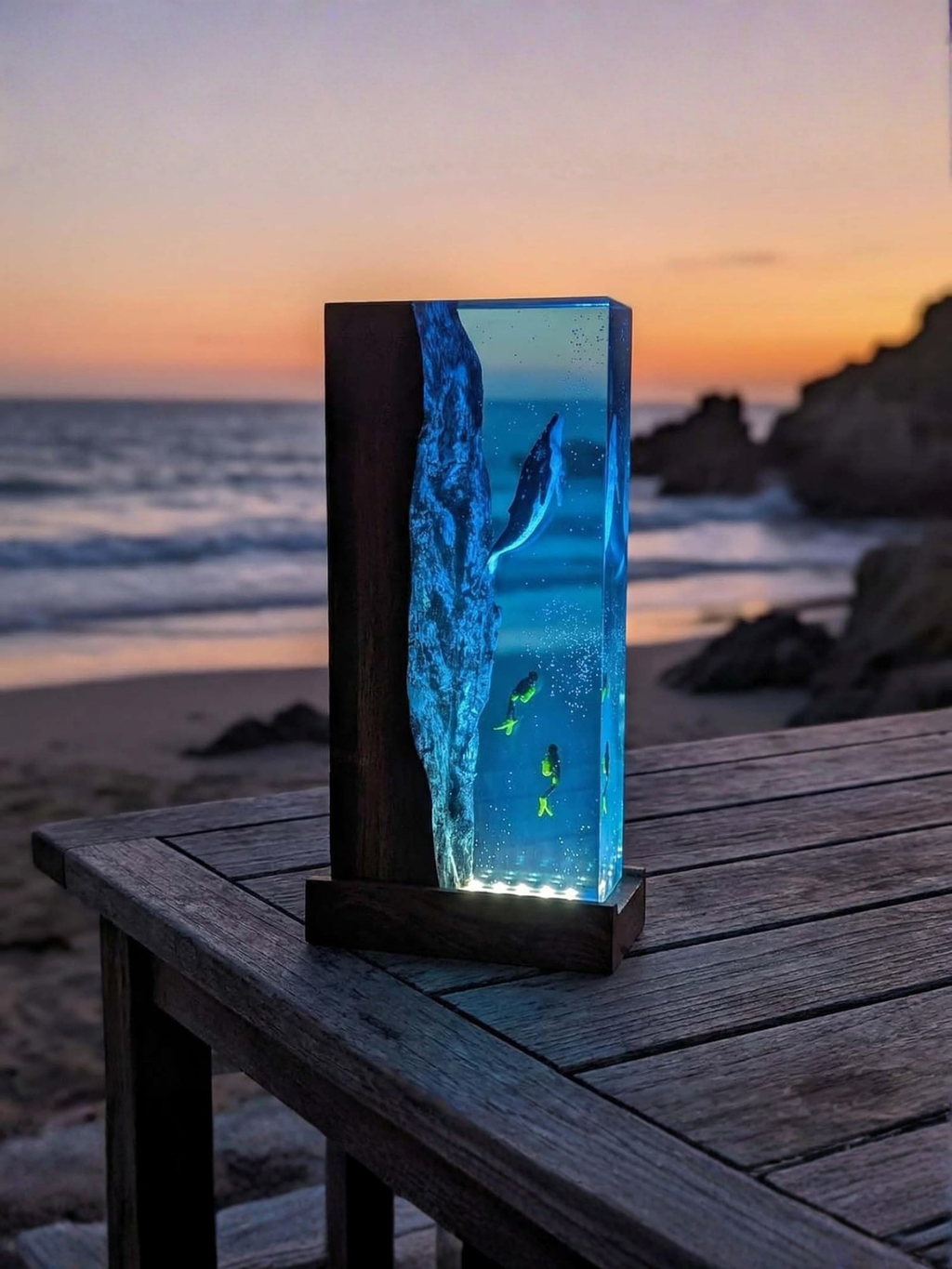 Ocean Resin Lamp with Humpback Whale and Diver