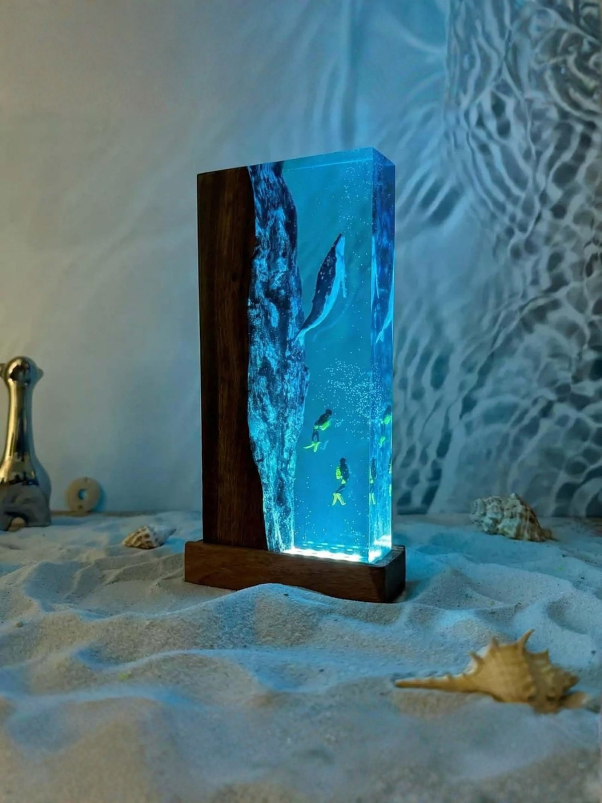 Ocean Resin Lamp with Humpback Whale and Diver