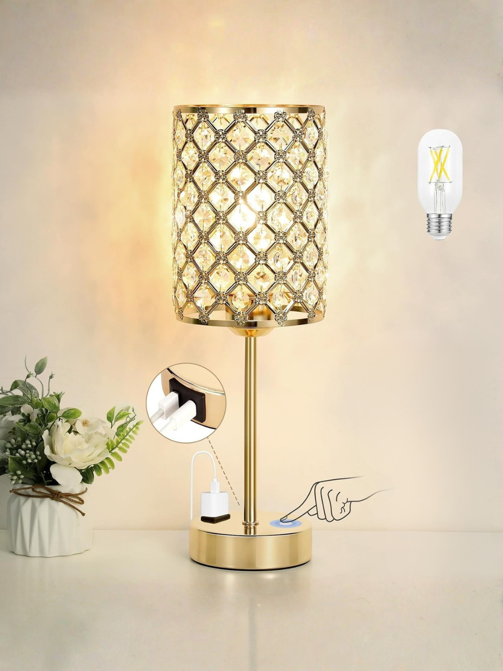 Modern Gold Crystal Decor Lamp with Dual USB Ports