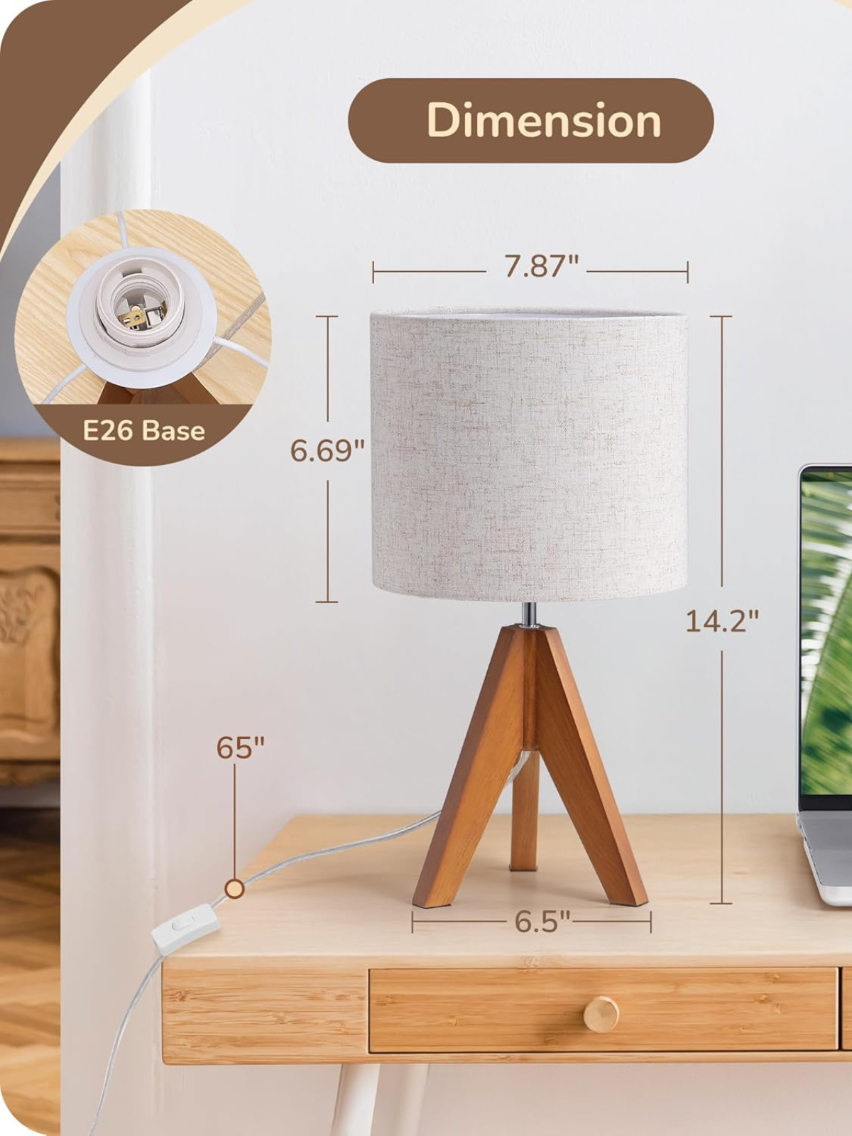 Small Wooden Tripod Table Lamp with Beige Linen Shade
