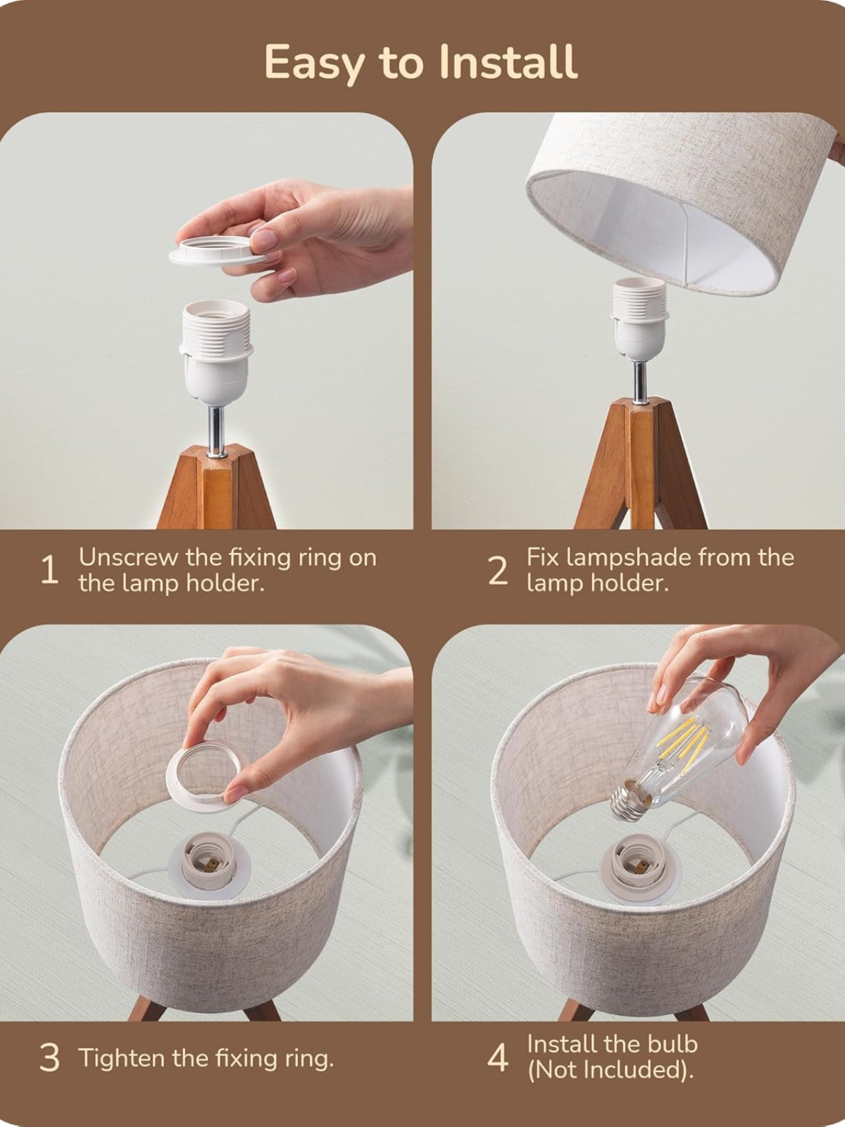 Small Wooden Tripod Table Lamp with Beige Linen Shade