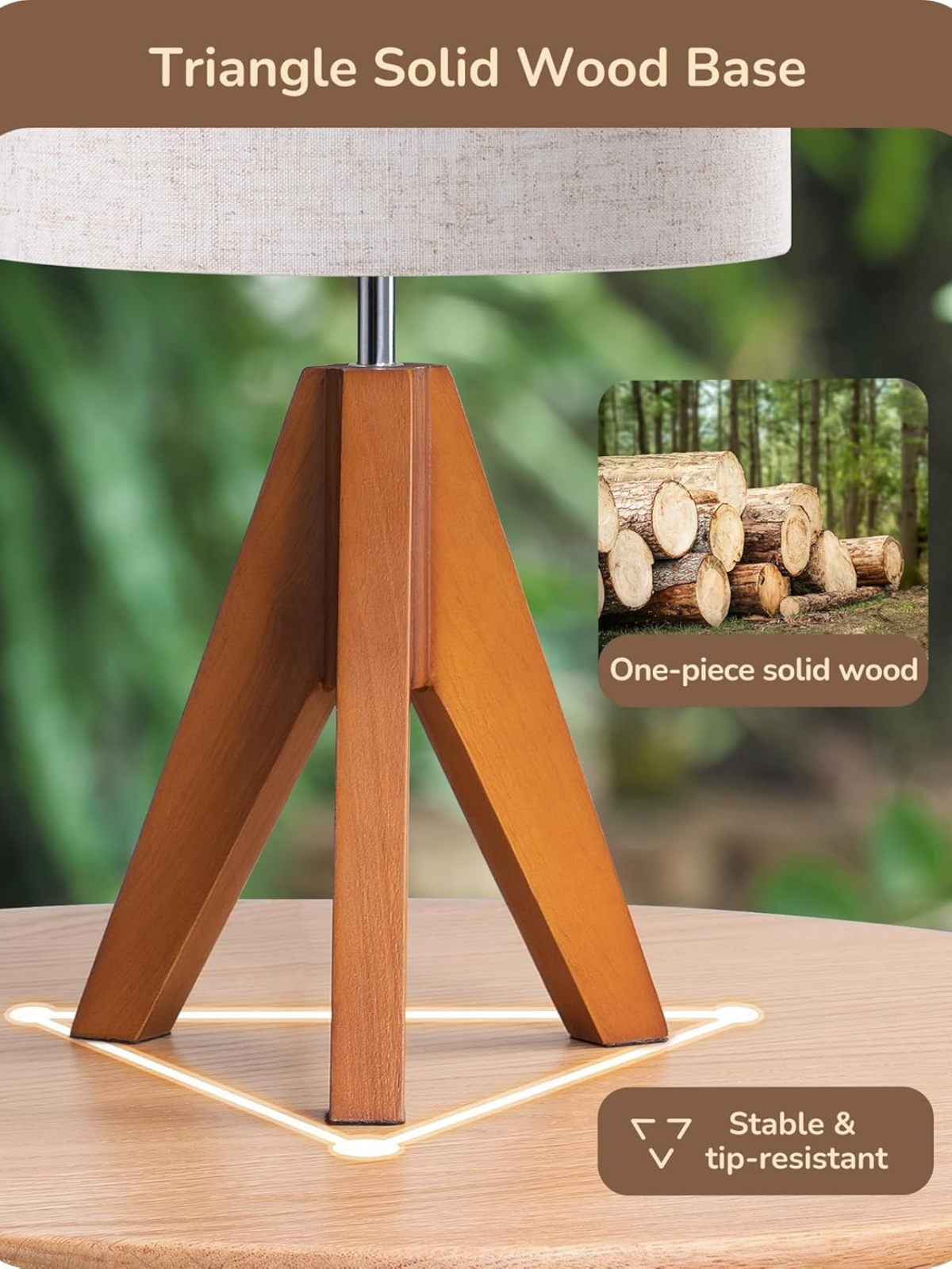 Small Wooden Tripod Table Lamp with Beige Linen Shade