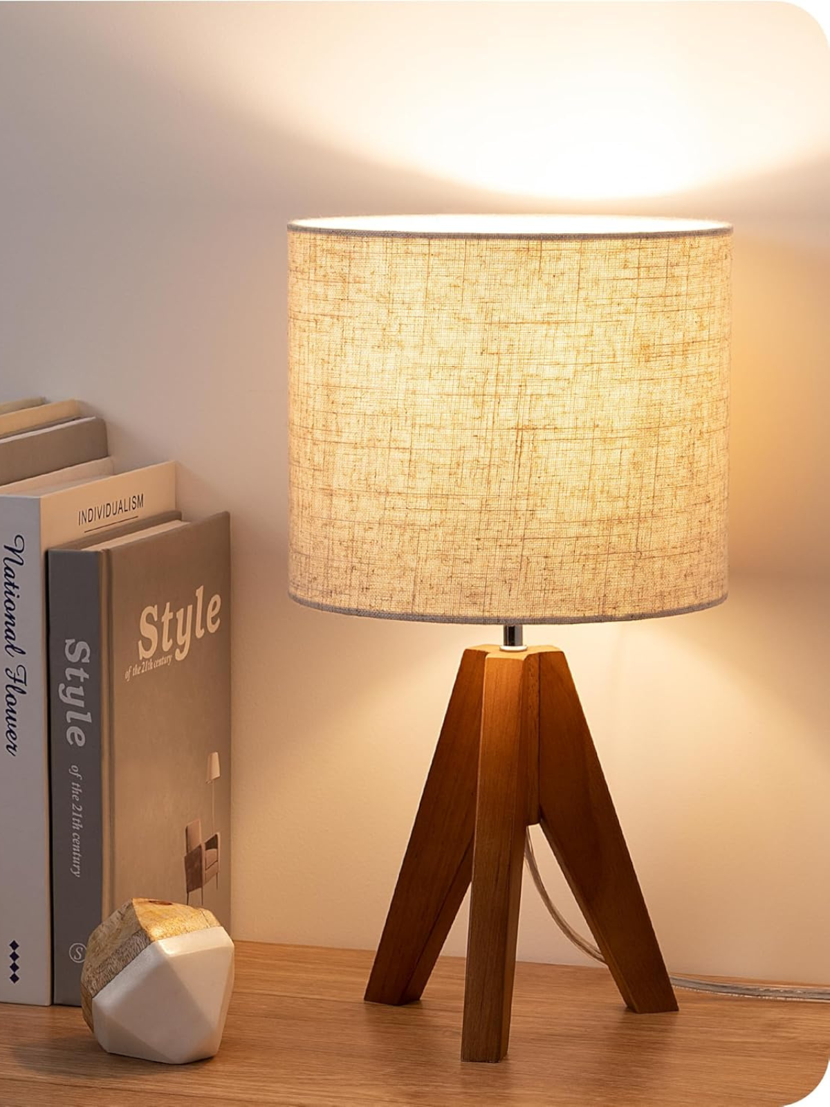 Small Wooden Tripod Table Lamp with Beige Linen Shade